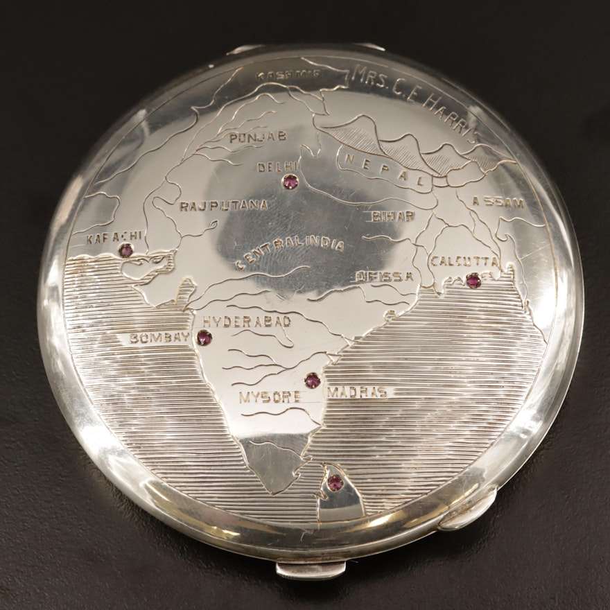 Sterling Silver Compact with Engraved Map of India