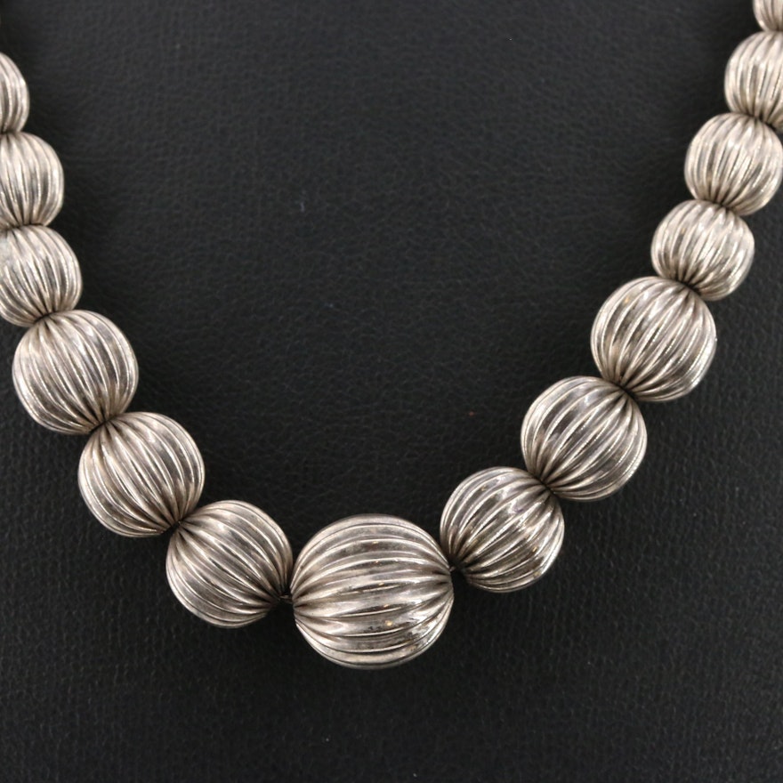 Sterling Silver Graduated Fluted Beaded Necklace