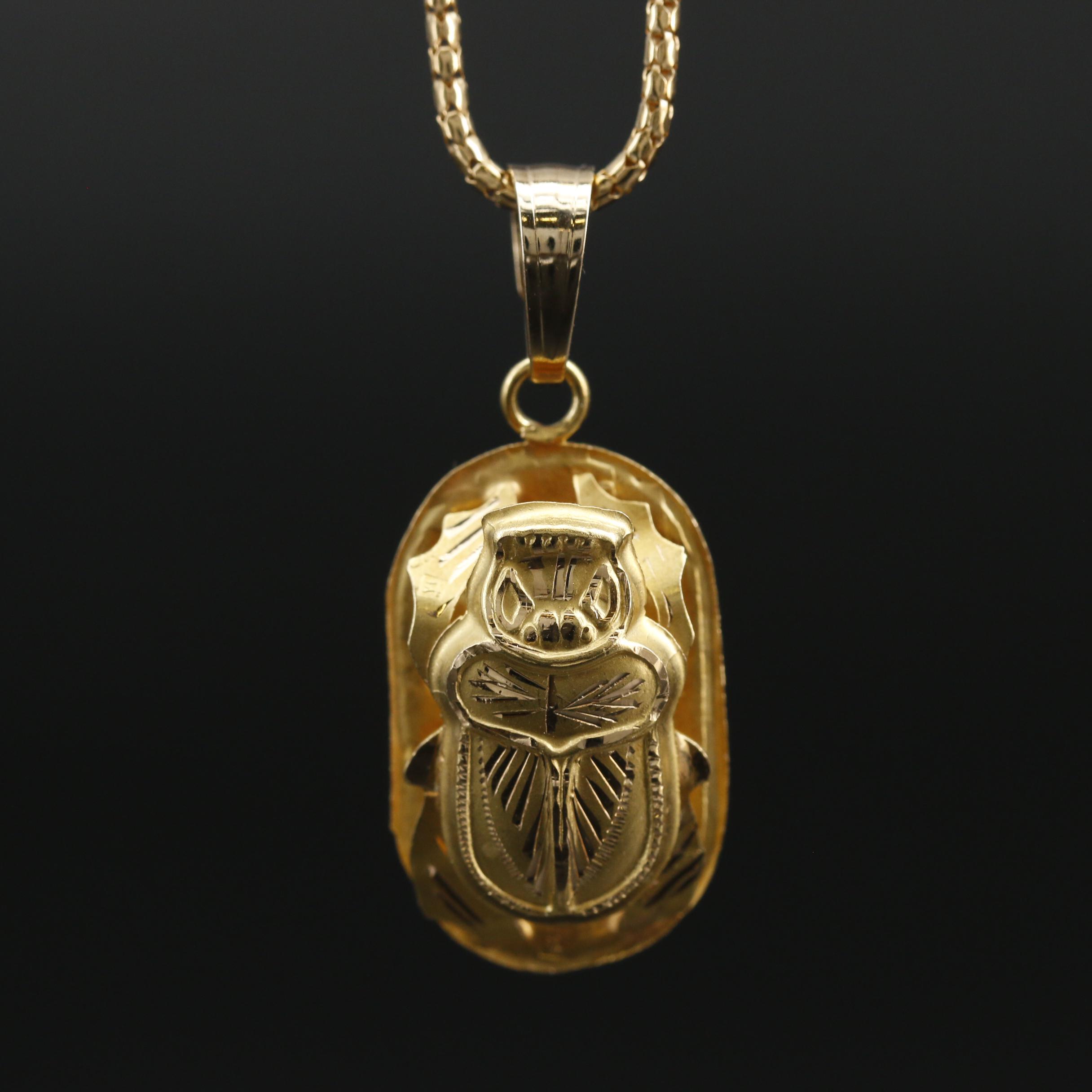 Egyptian 18K Gold Scarab Pendant Necklace
