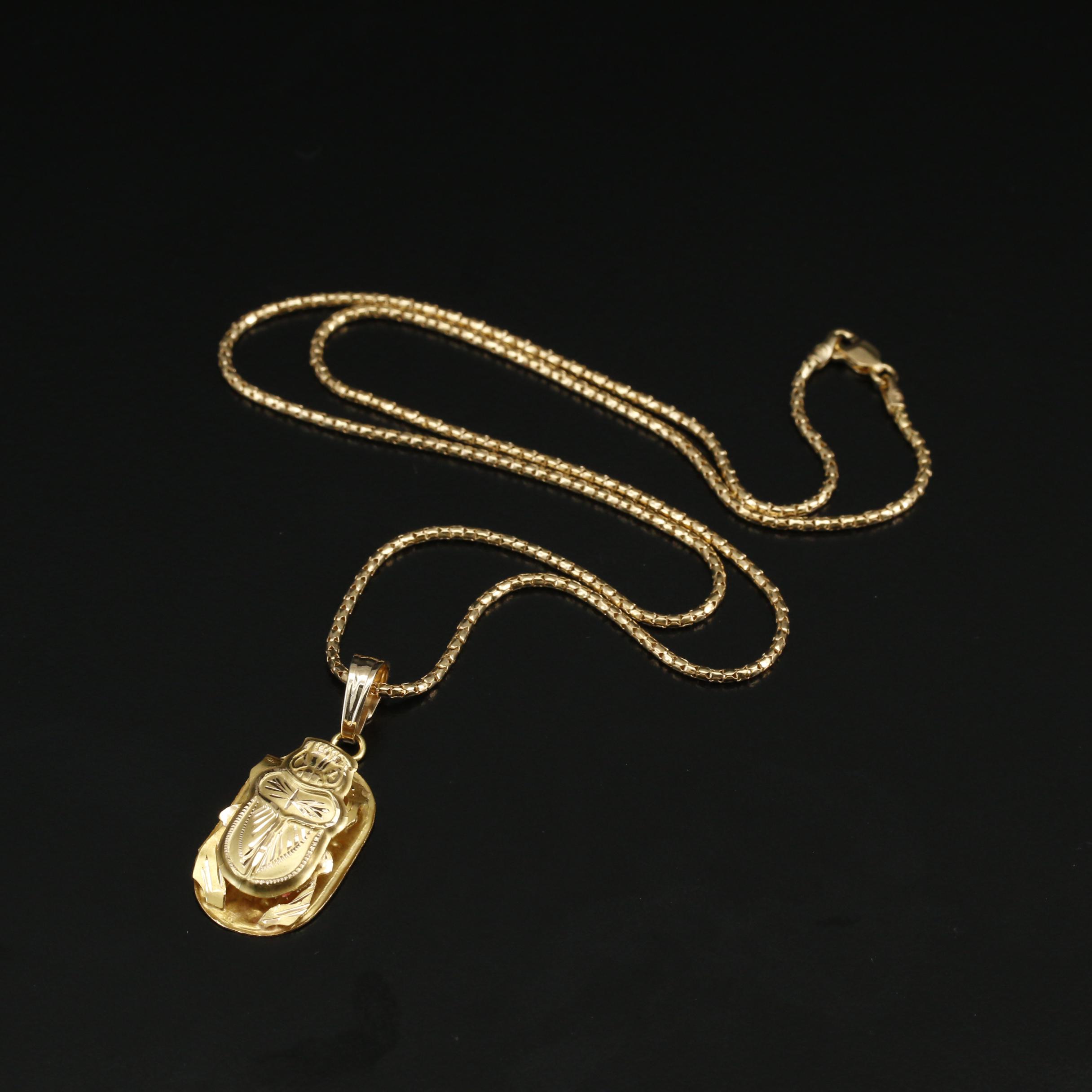 Egyptian 18K Gold Scarab Pendant Necklace