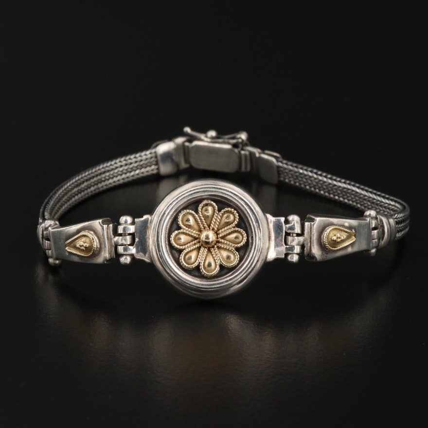 Sterling Silver Flower Bracelet with 14K Accents