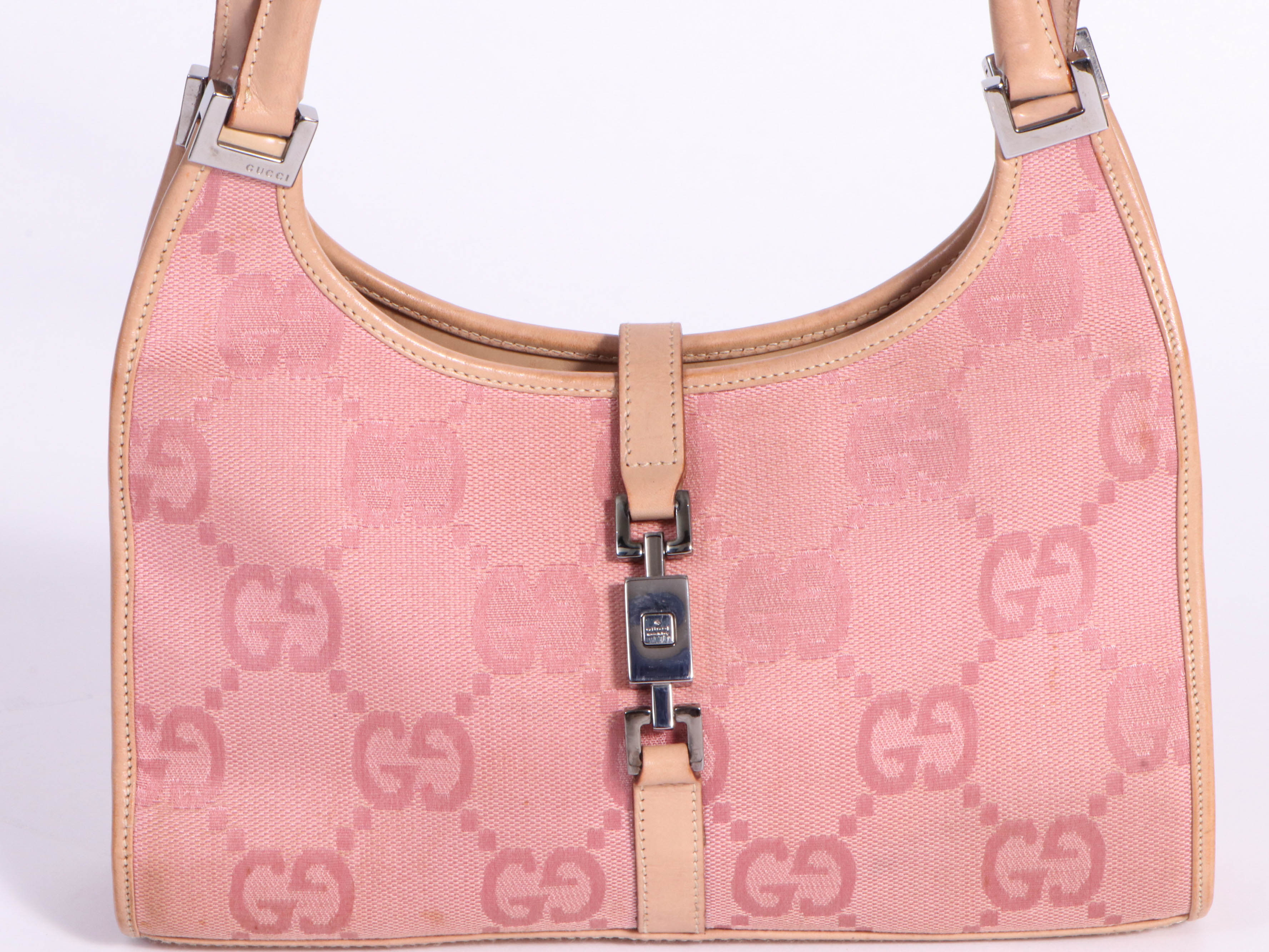 Gucci Bardot Bag in Pink GG Canvas with Nude Leather Trim and Piston Lock