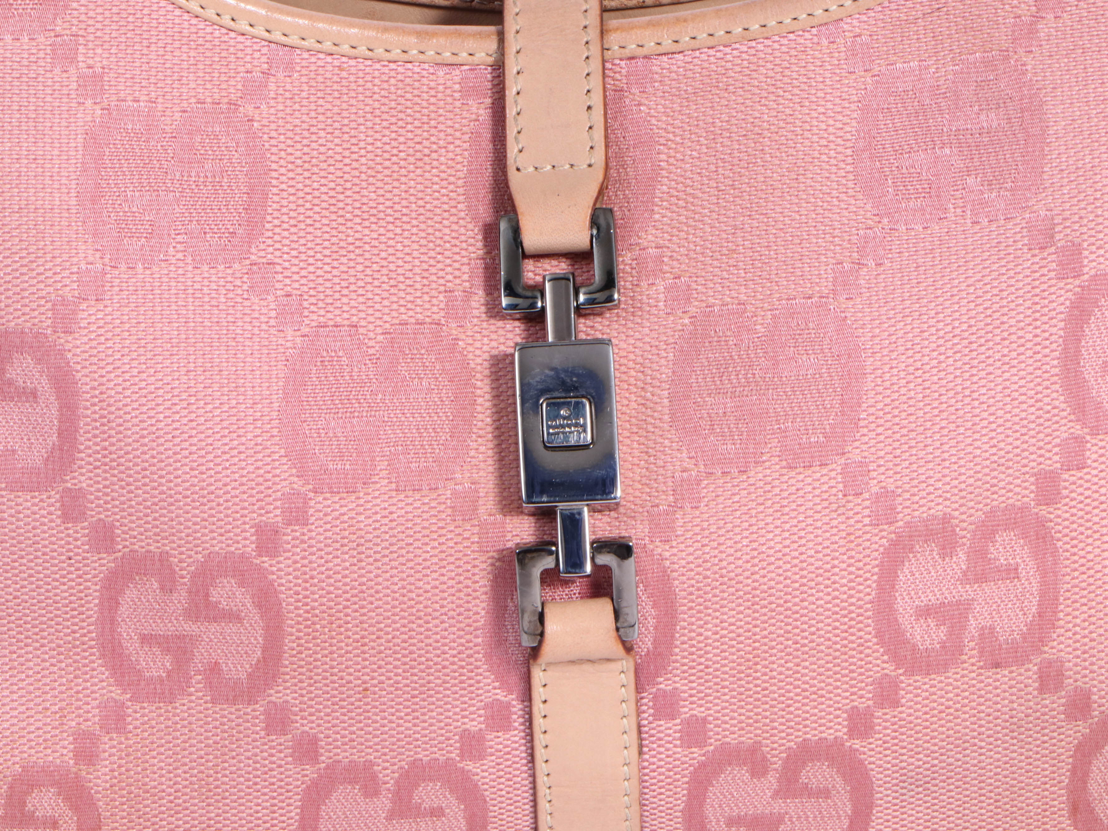 Gucci Bardot Bag in Pink GG Canvas with Nude Leather Trim and Piston Lock