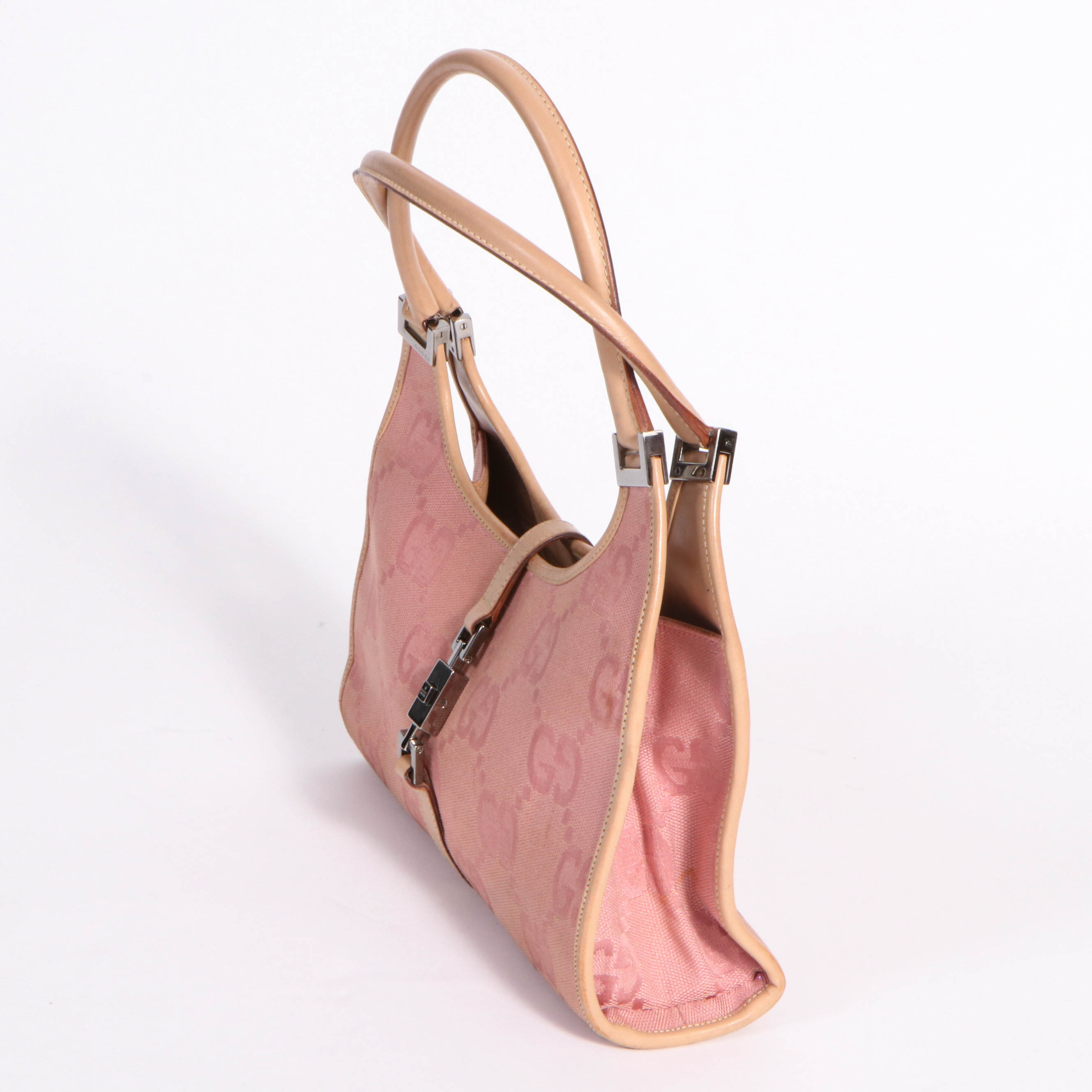 Gucci Bardot Bag in Pink GG Canvas with Nude Leather Trim and Piston Lock