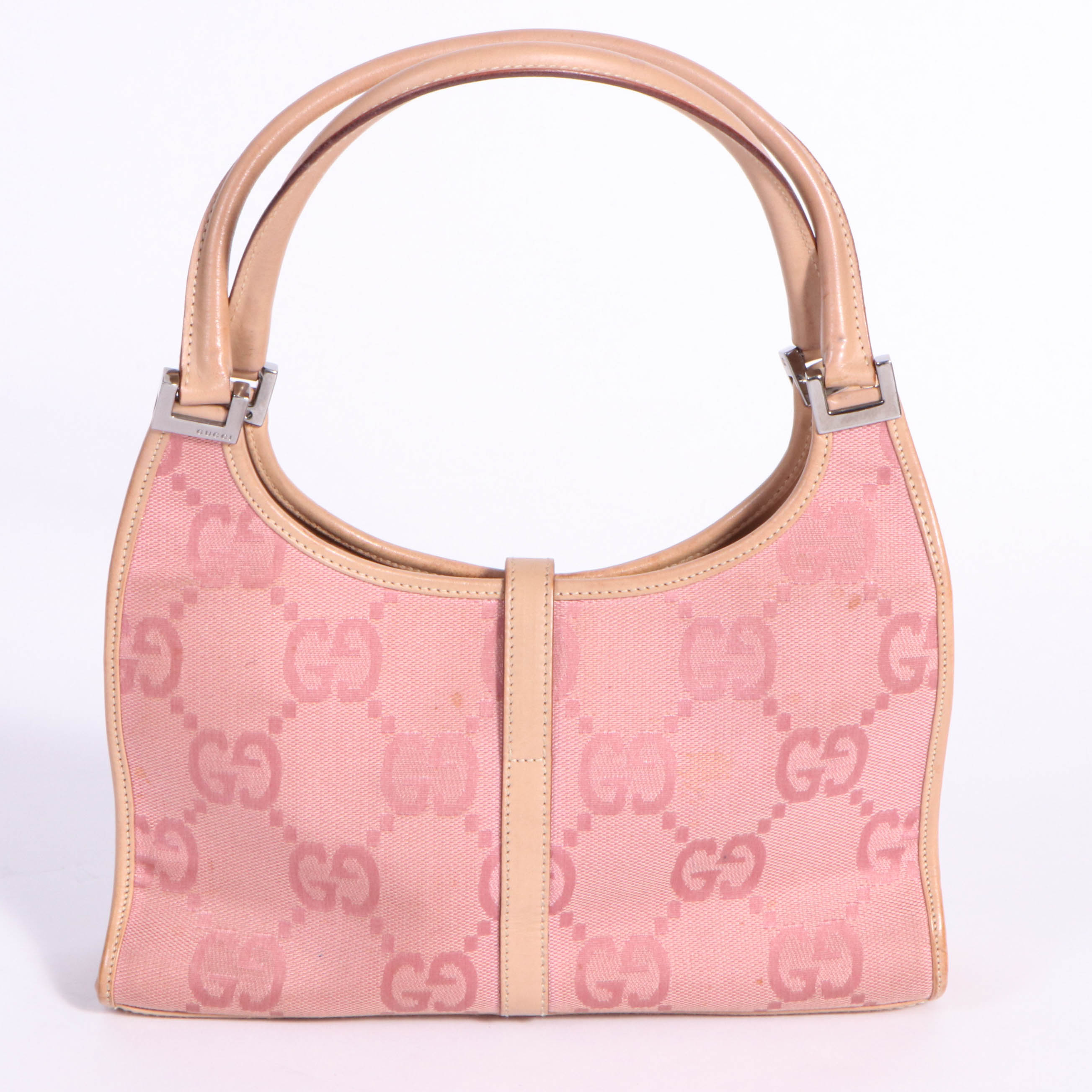Gucci Bardot Bag in Pink GG Canvas with Nude Leather Trim and Piston Lock