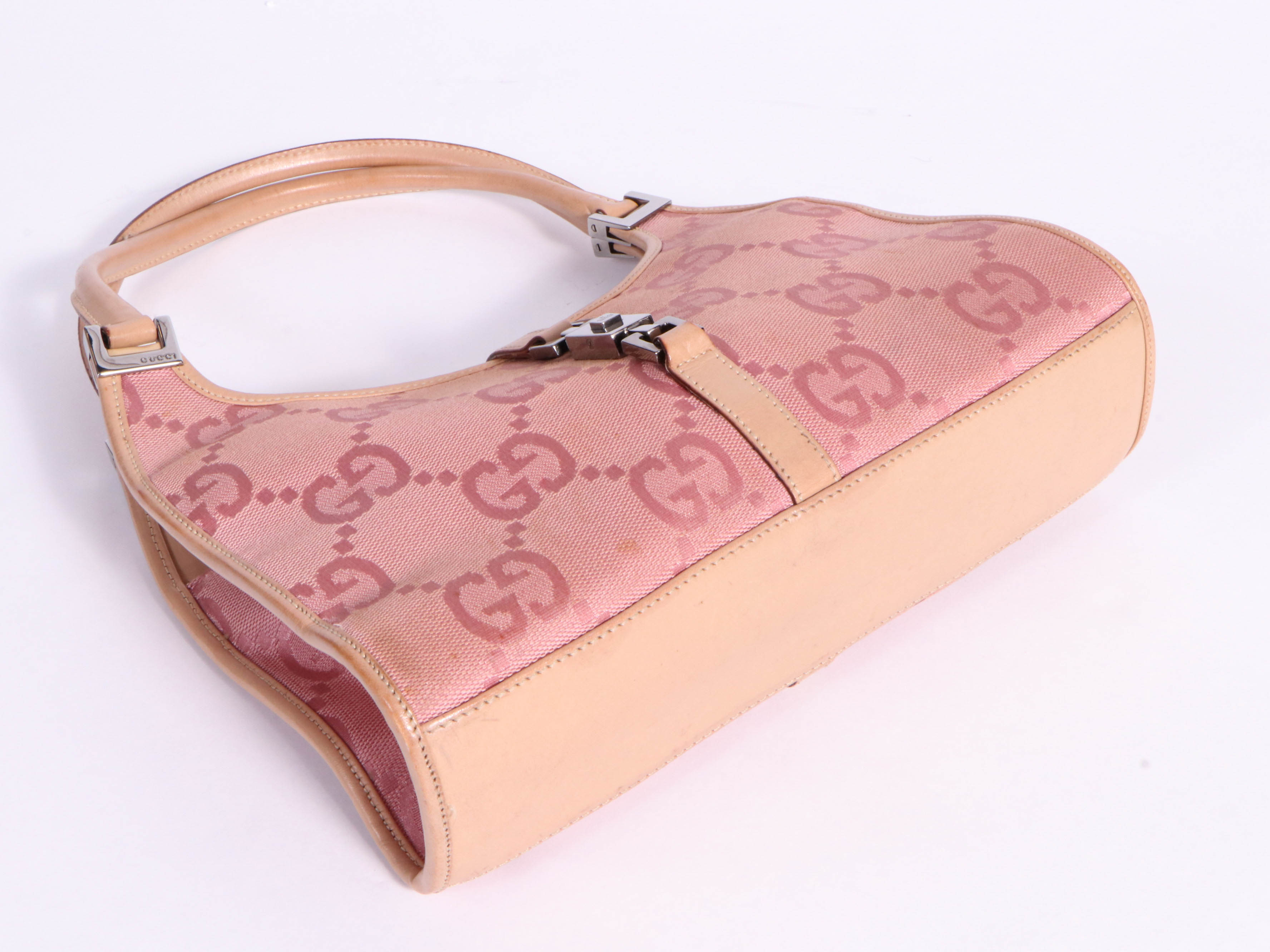 Gucci Bardot Bag in Pink GG Canvas with Nude Leather Trim and Piston Lock