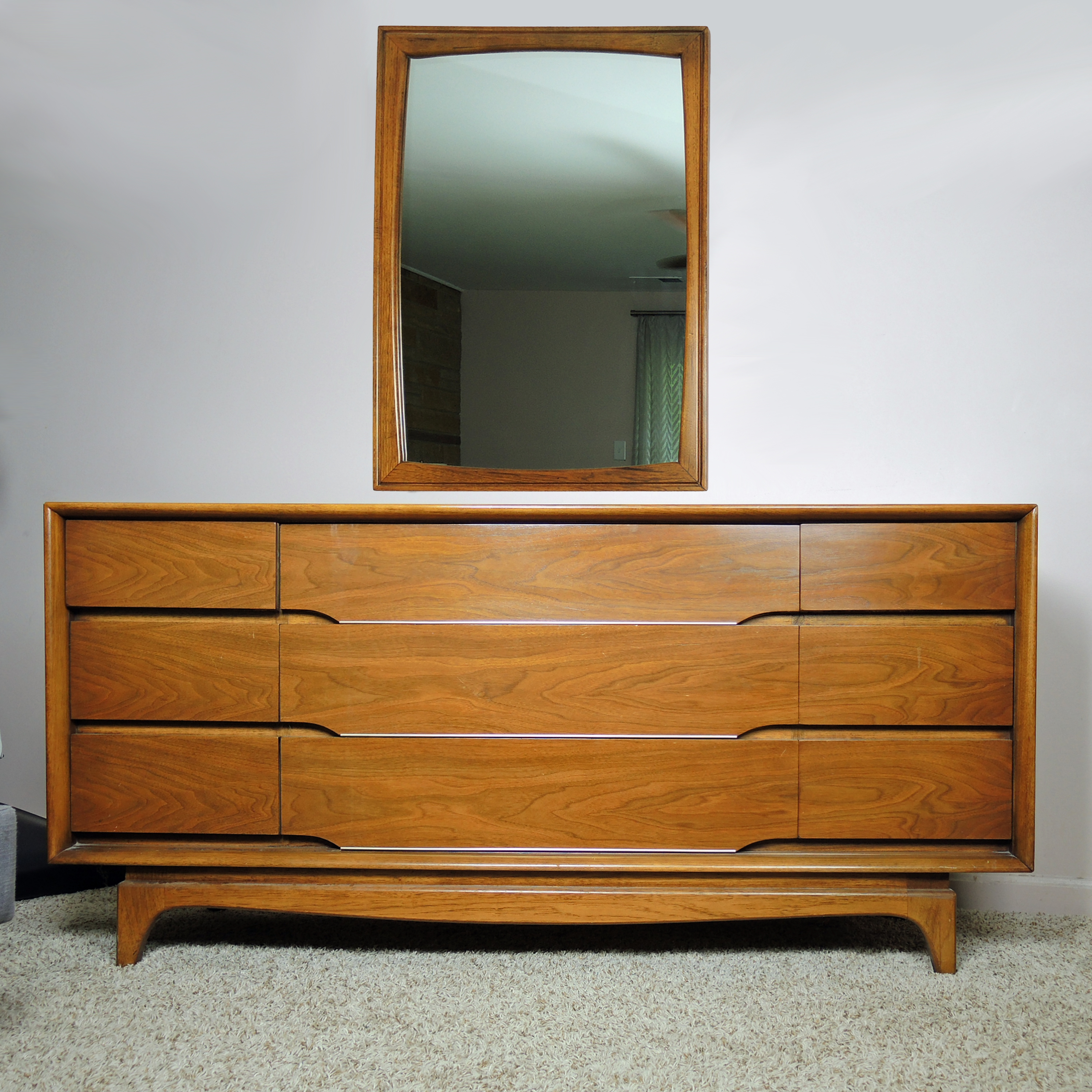 Henry M. Goodman Mid Century Modern Walnut Chest of Drawers with Mirror