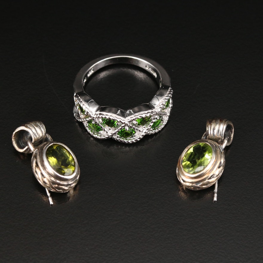 Sterling Silver Diopside Ring with Peridot Drop Earrings