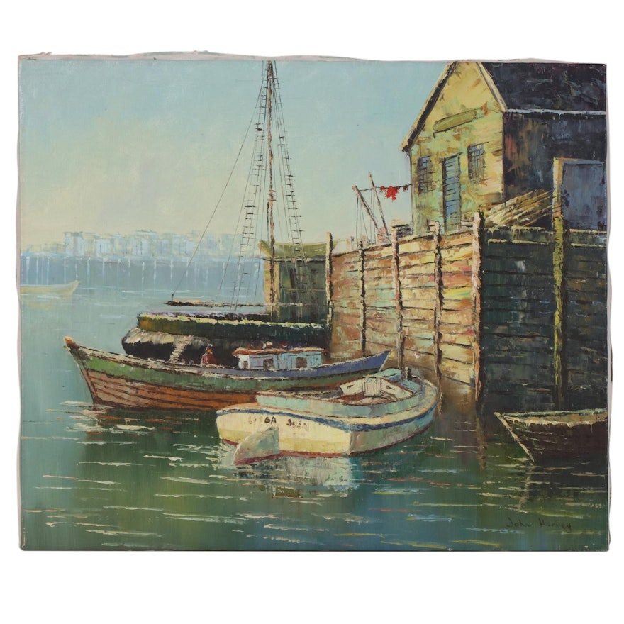 John Harvey Impressionist Style Harbor Scene Oil Painting, Late 20th Century