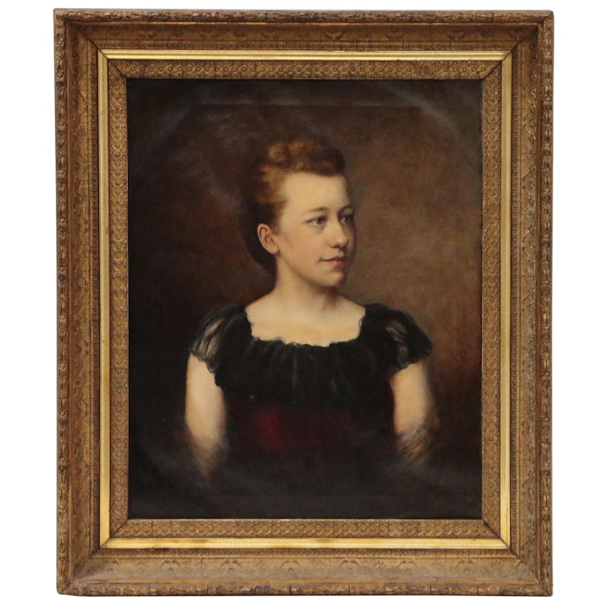 Oil Portrait of Young Girl in Tulle Dress, 19th Century
