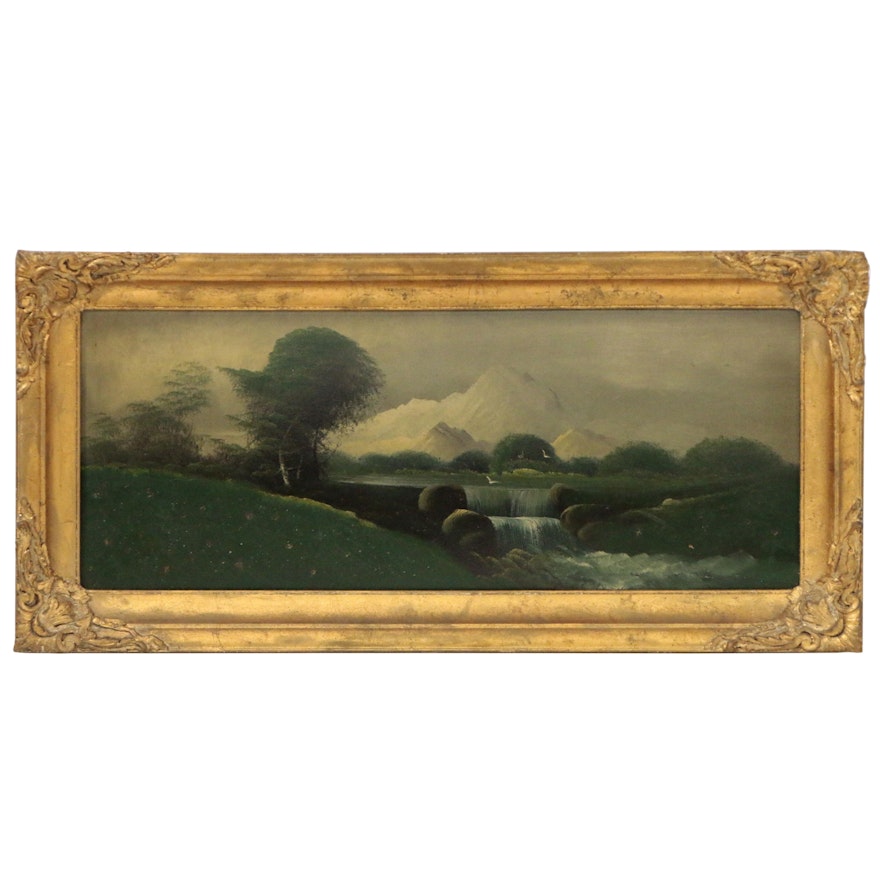 Pastoral Landscape Oil Painting with Waterfall, Late 19th Century