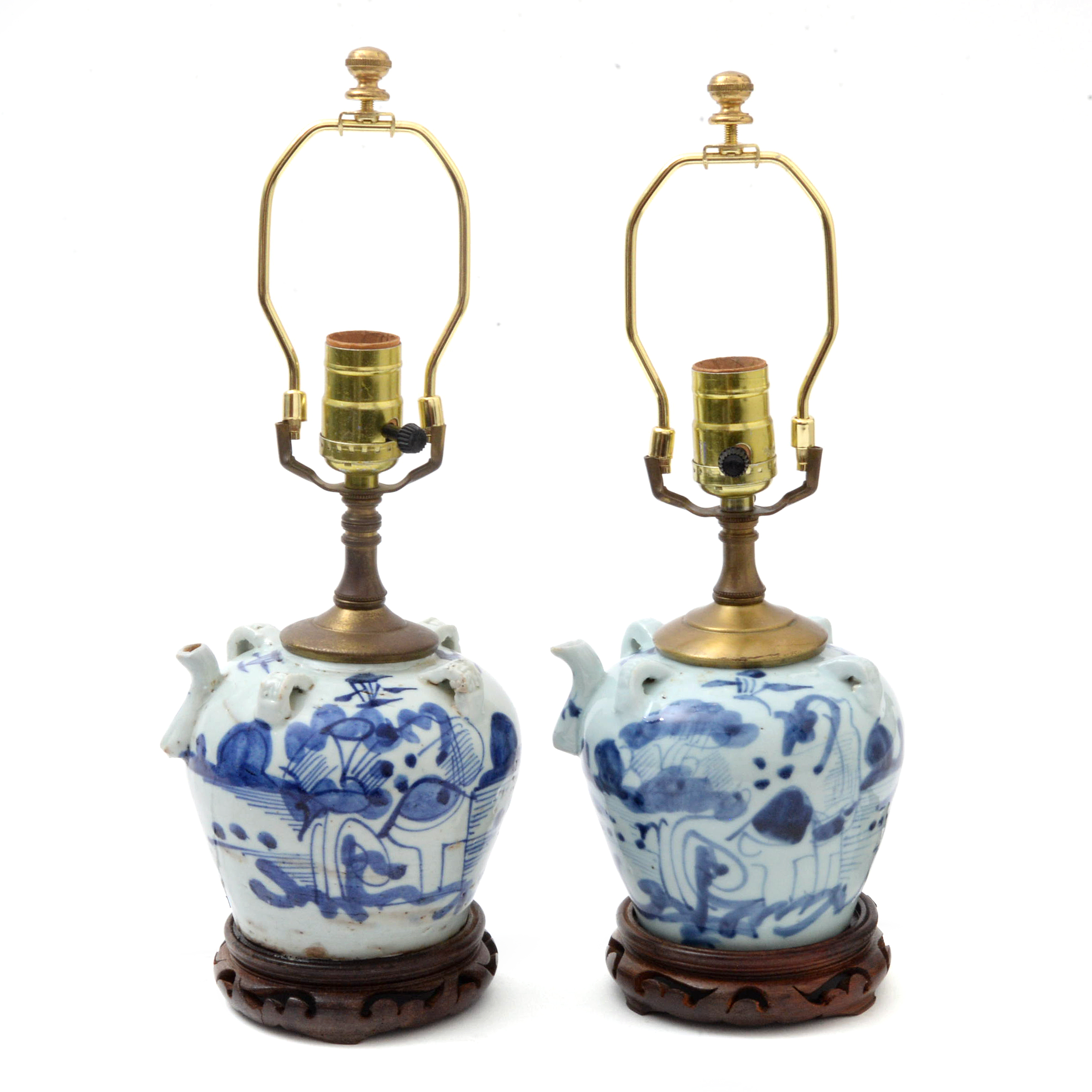 Chinese Porcelain Hanging Oil Jar Converted Lamps, Pair