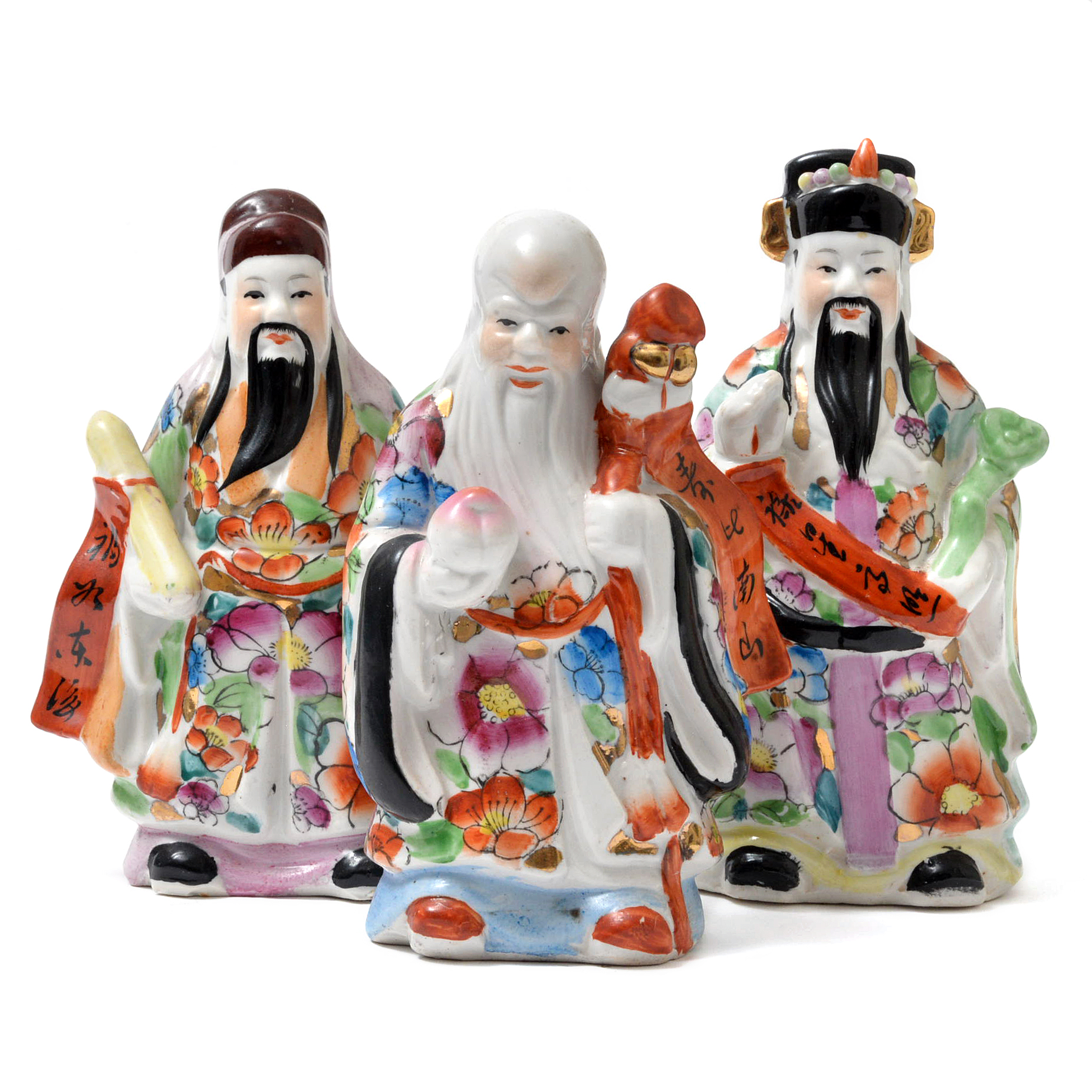 Chinese Painted Porcelain Sanxing Figurines, Late 20th Century