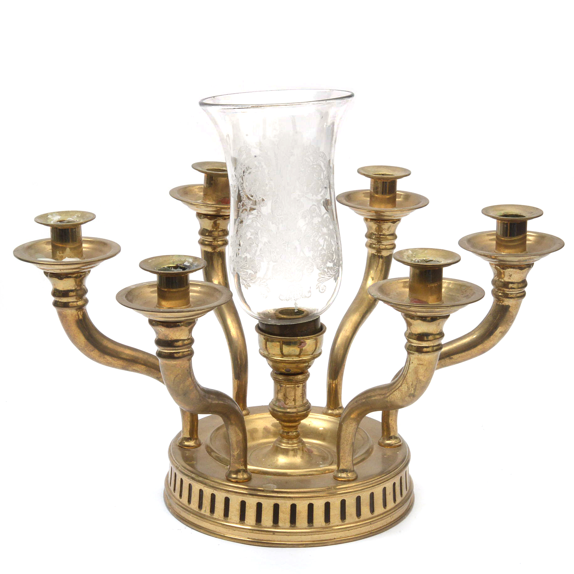 Brass Six Arm Candelabra with Etched Glass Light Shade