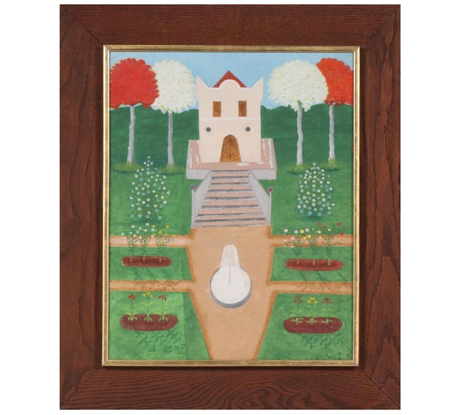 Naiïve Style Acrylic Painting of Garden Scene, Late 20th Century