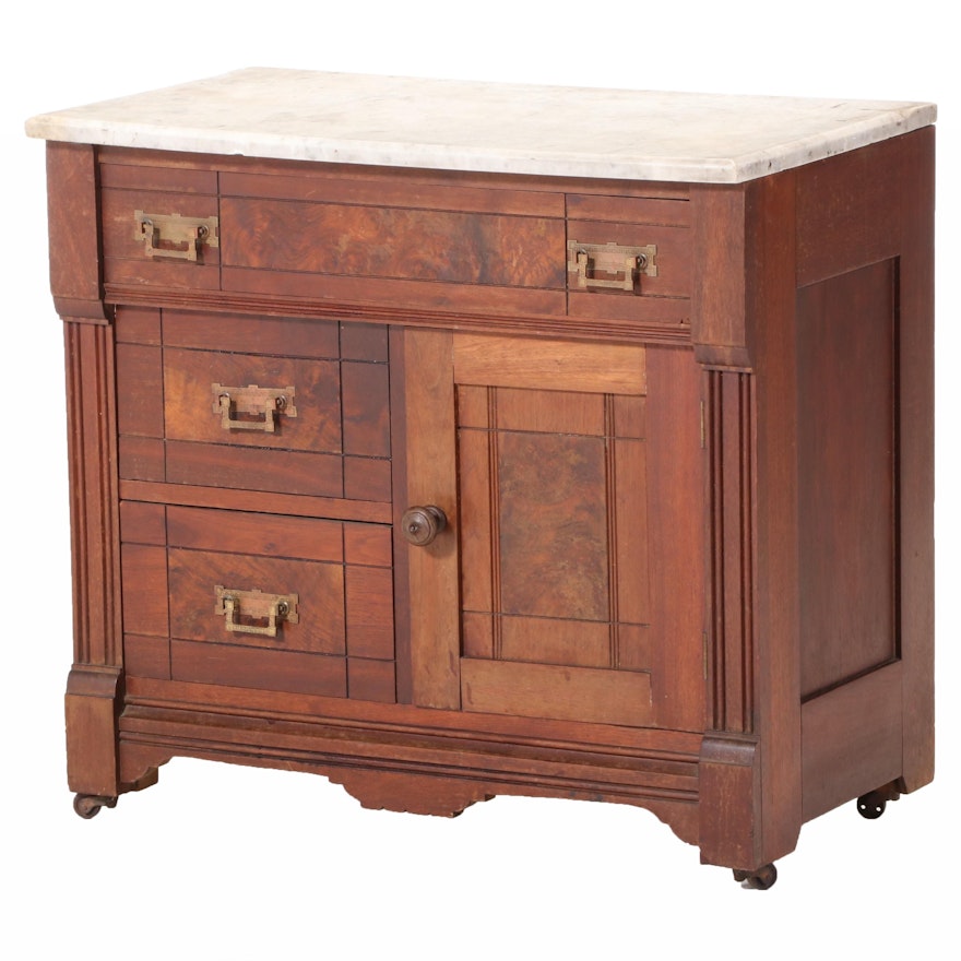 Victorian Walnut, Figured Walnut, and Marble Top Washstand, Late 19th Century