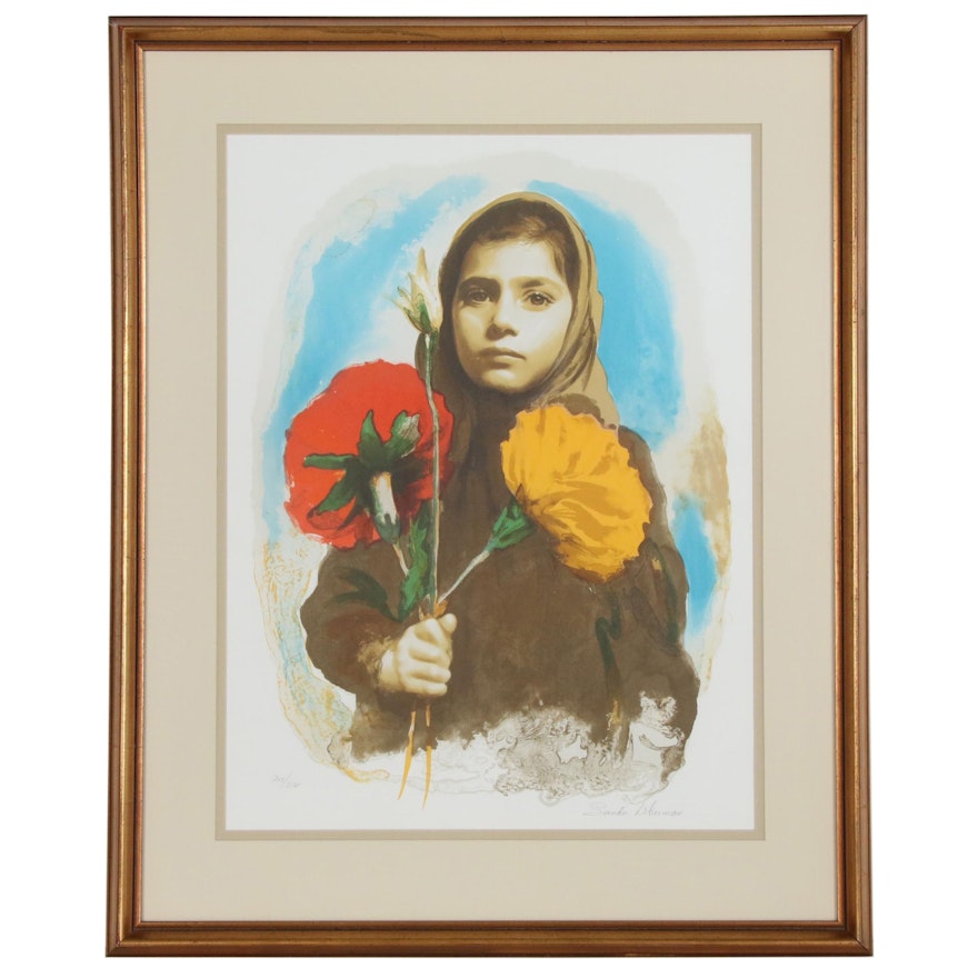 Sandu Liberman Lithograph of Girl with Flowers