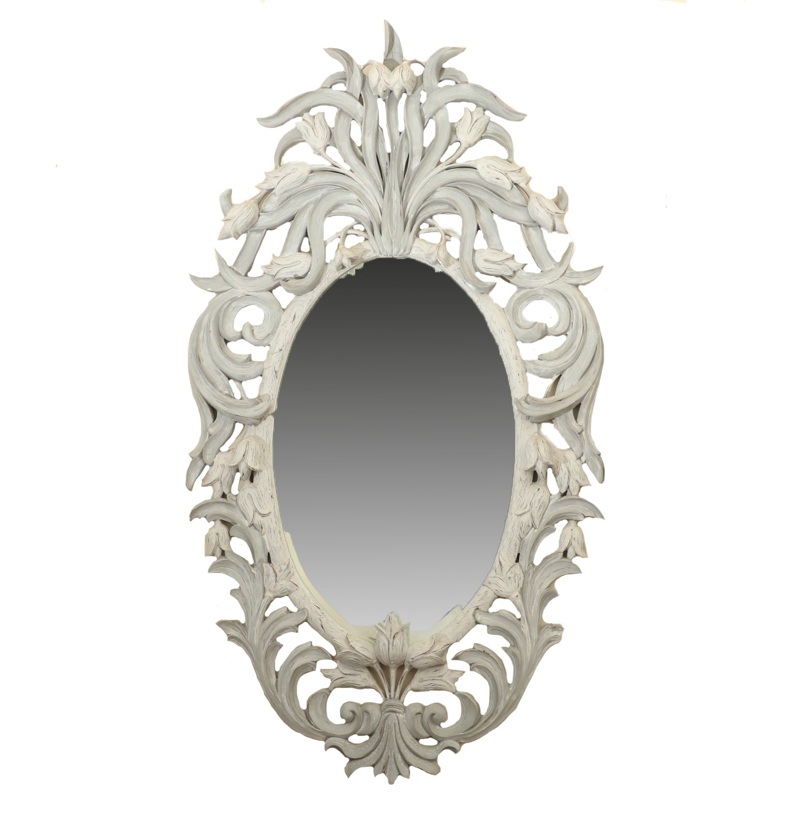 Portuguese Hand-Carved and Painted Wood Tulip Wall Mirror