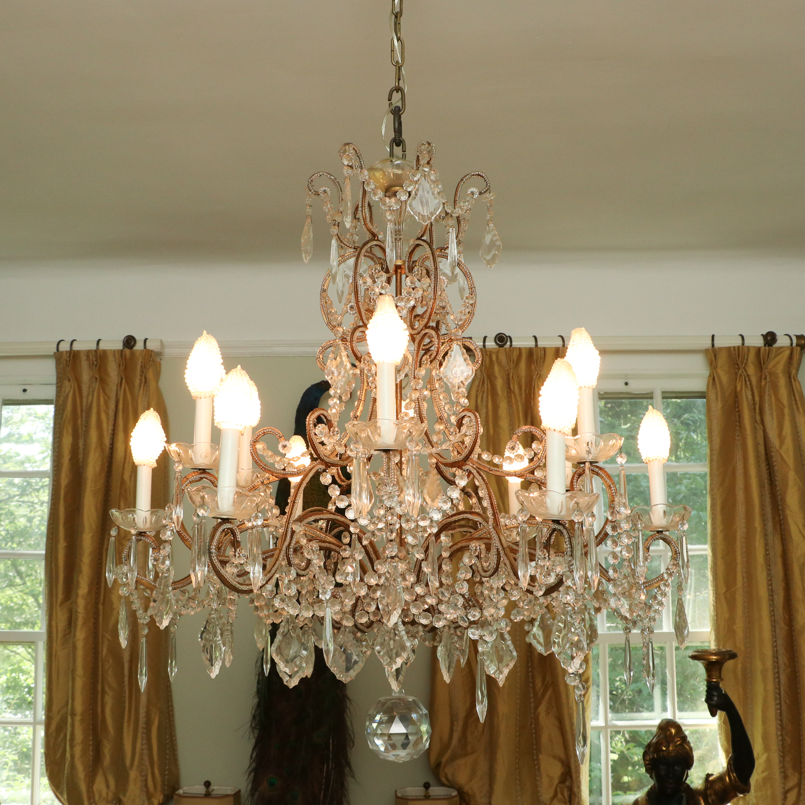 Twelve Arm Drop Crystal and Beaded Chandelier