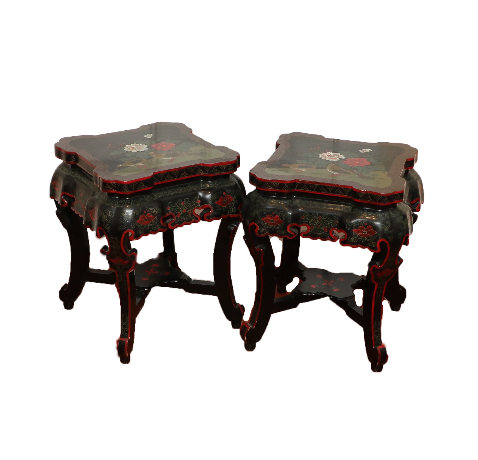 Pair of Chinese Ebonized and Paint-Decorated Wood Side Tables