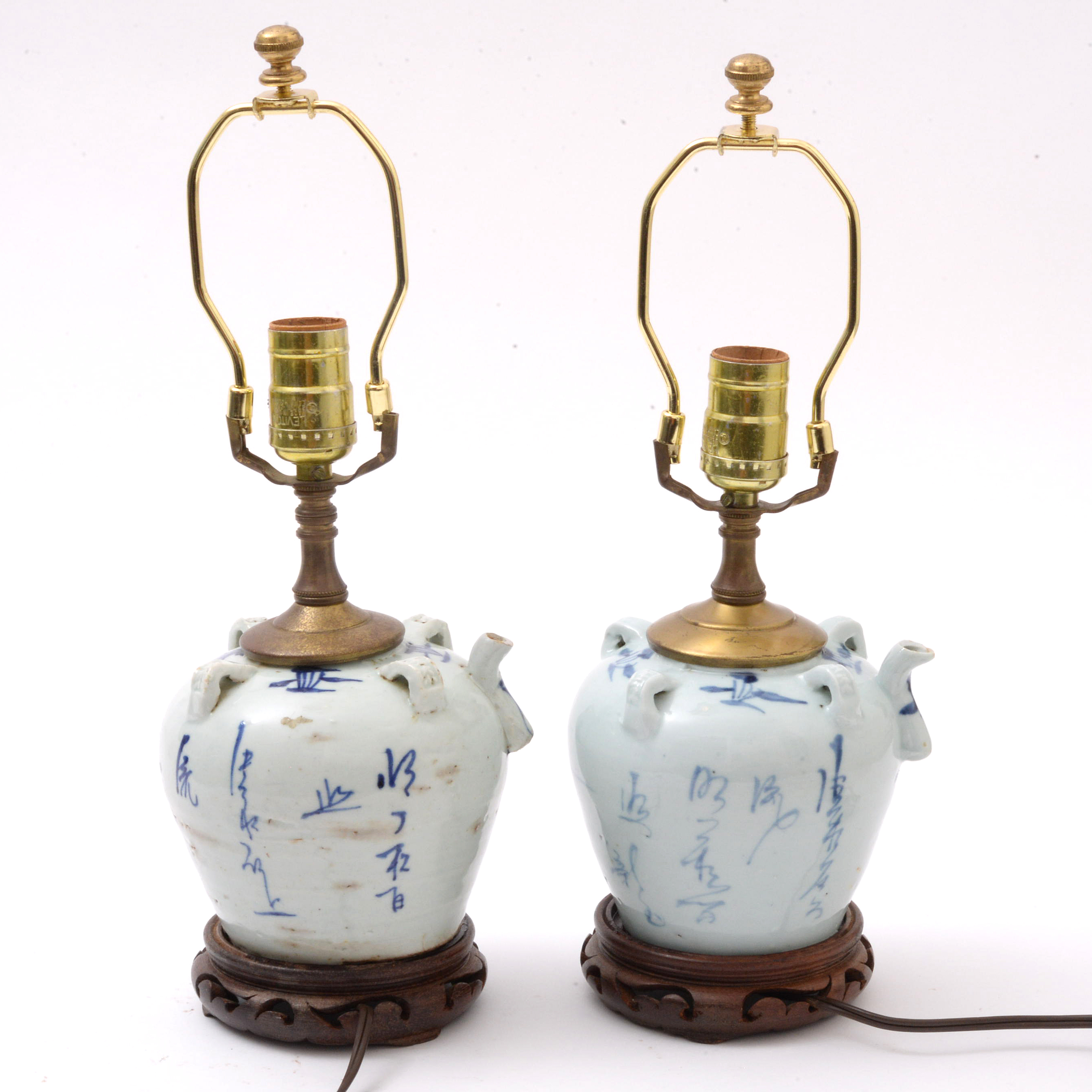Chinese Porcelain Hanging Oil Jar Converted Lamps, Pair