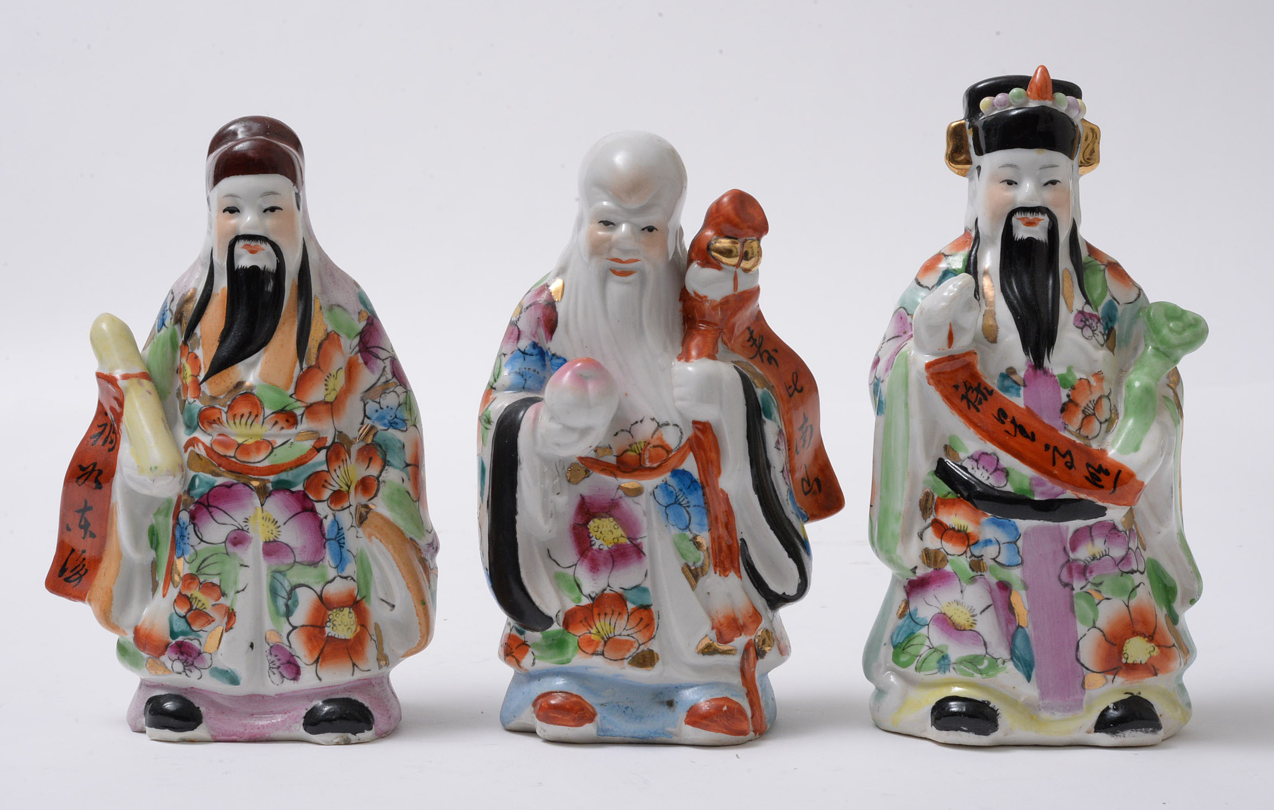 Chinese Painted Porcelain Sanxing Figurines, Late 20th Century