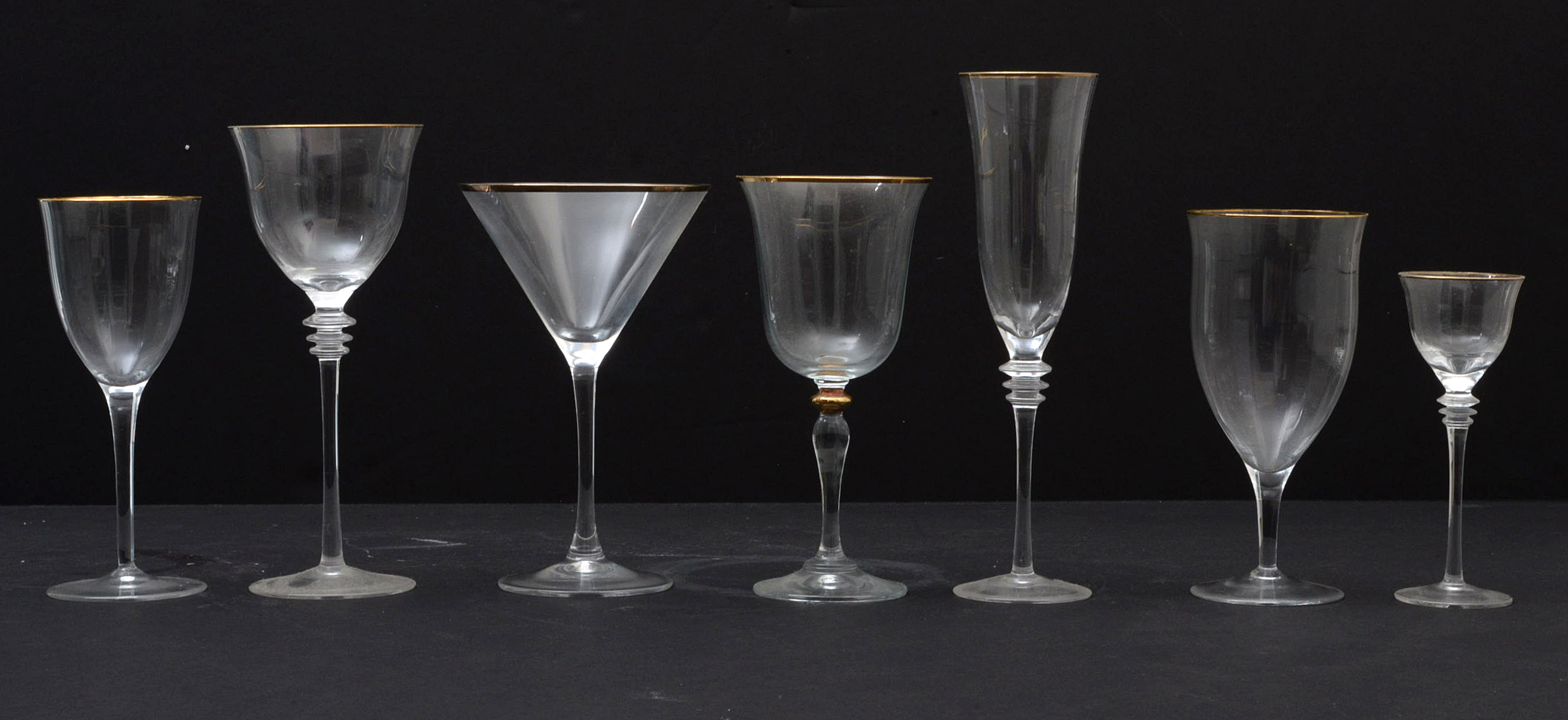 Glass Stemware with Gilt Rims and Wafer Stems, Late 20th Century