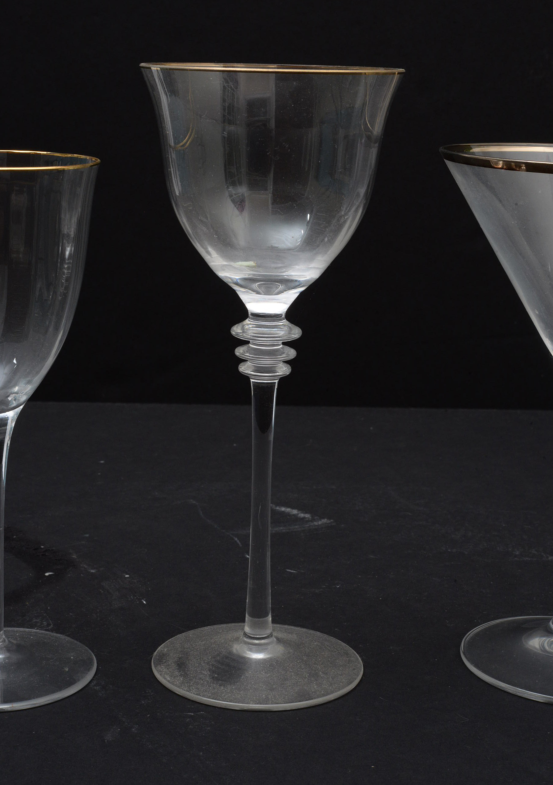 Glass Stemware with Gilt Rims and Wafer Stems, Late 20th Century