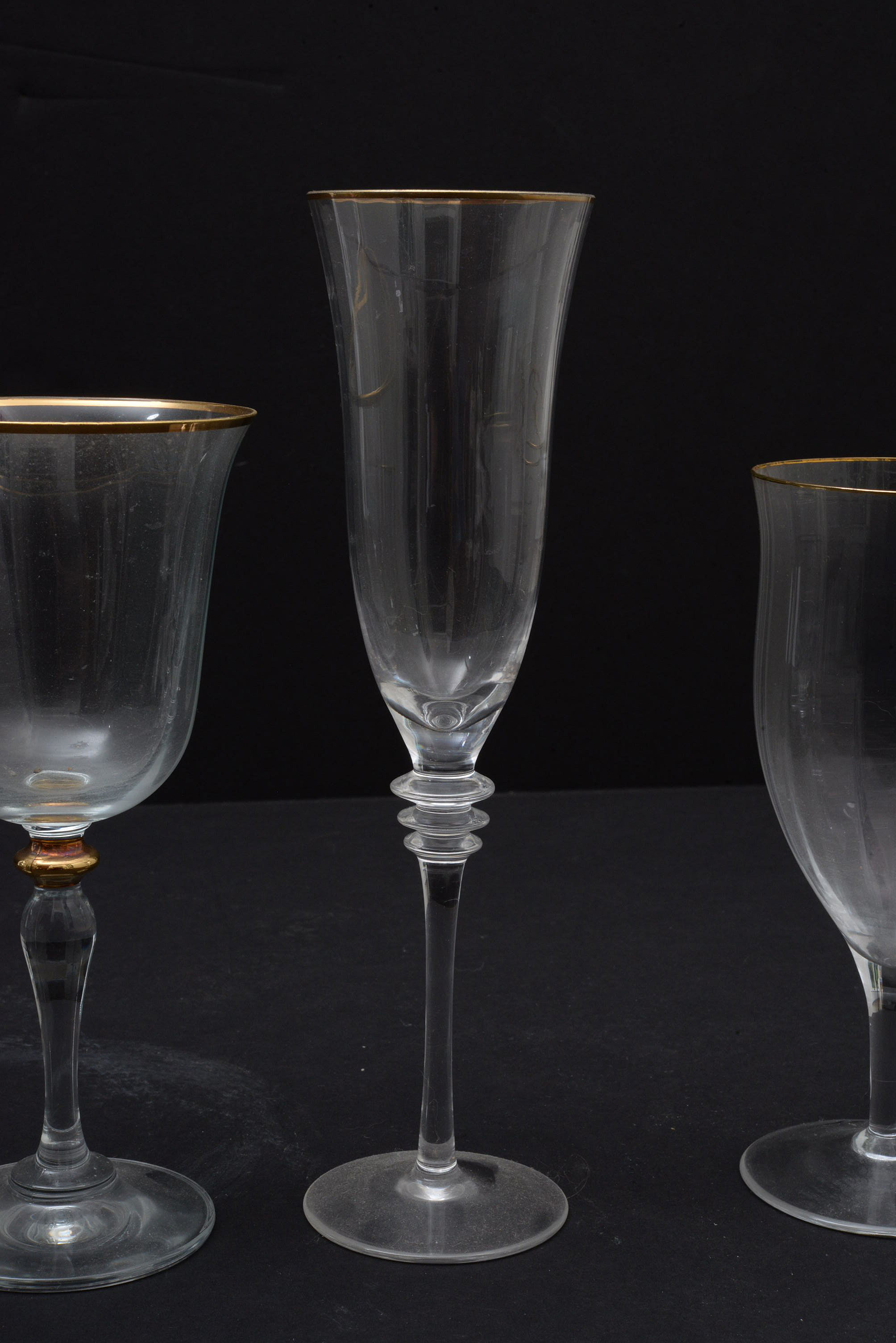 Glass Stemware with Gilt Rims and Wafer Stems, Late 20th Century
