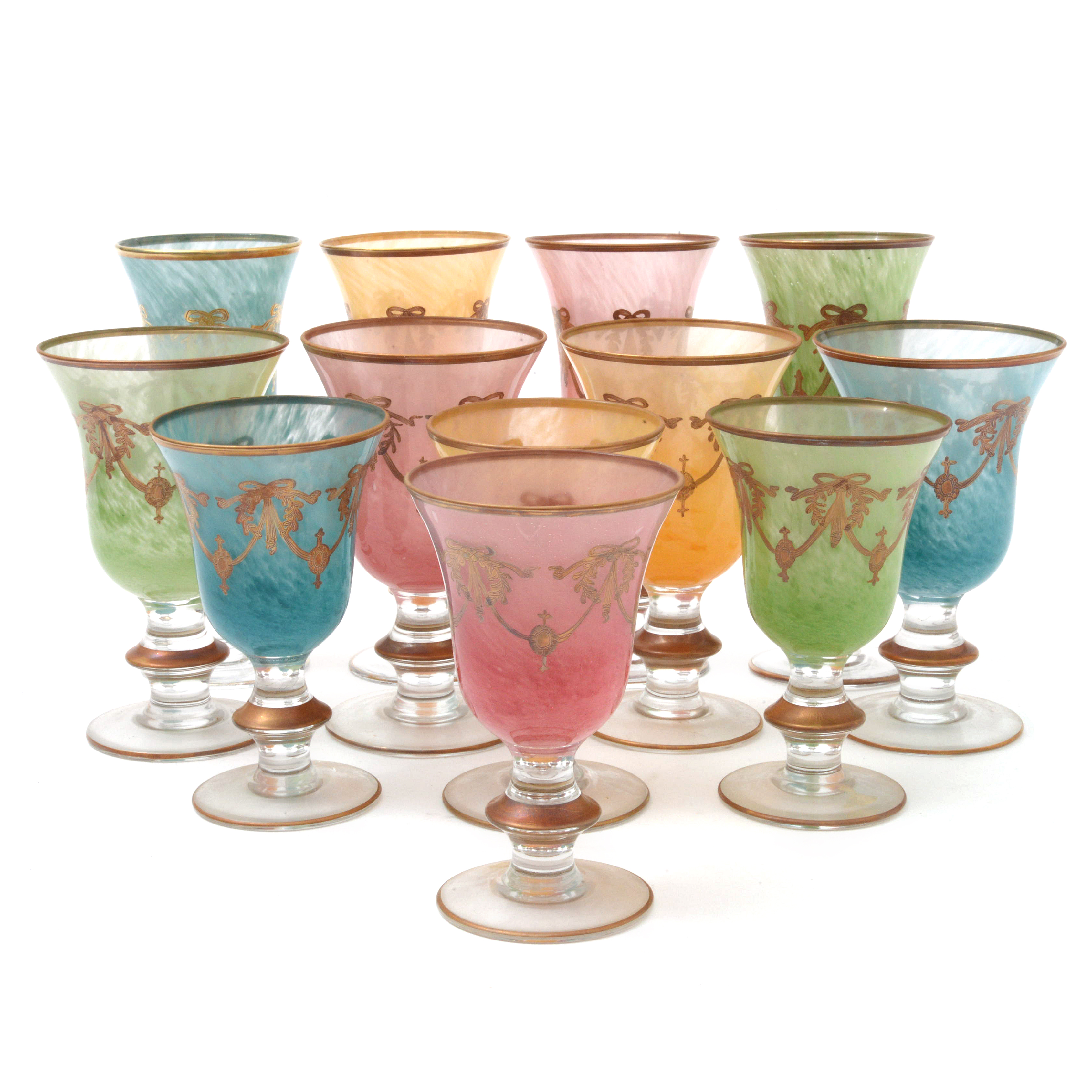 Italian Interglass Blown Glass Gilt Accented Goblets, Late 20th Century