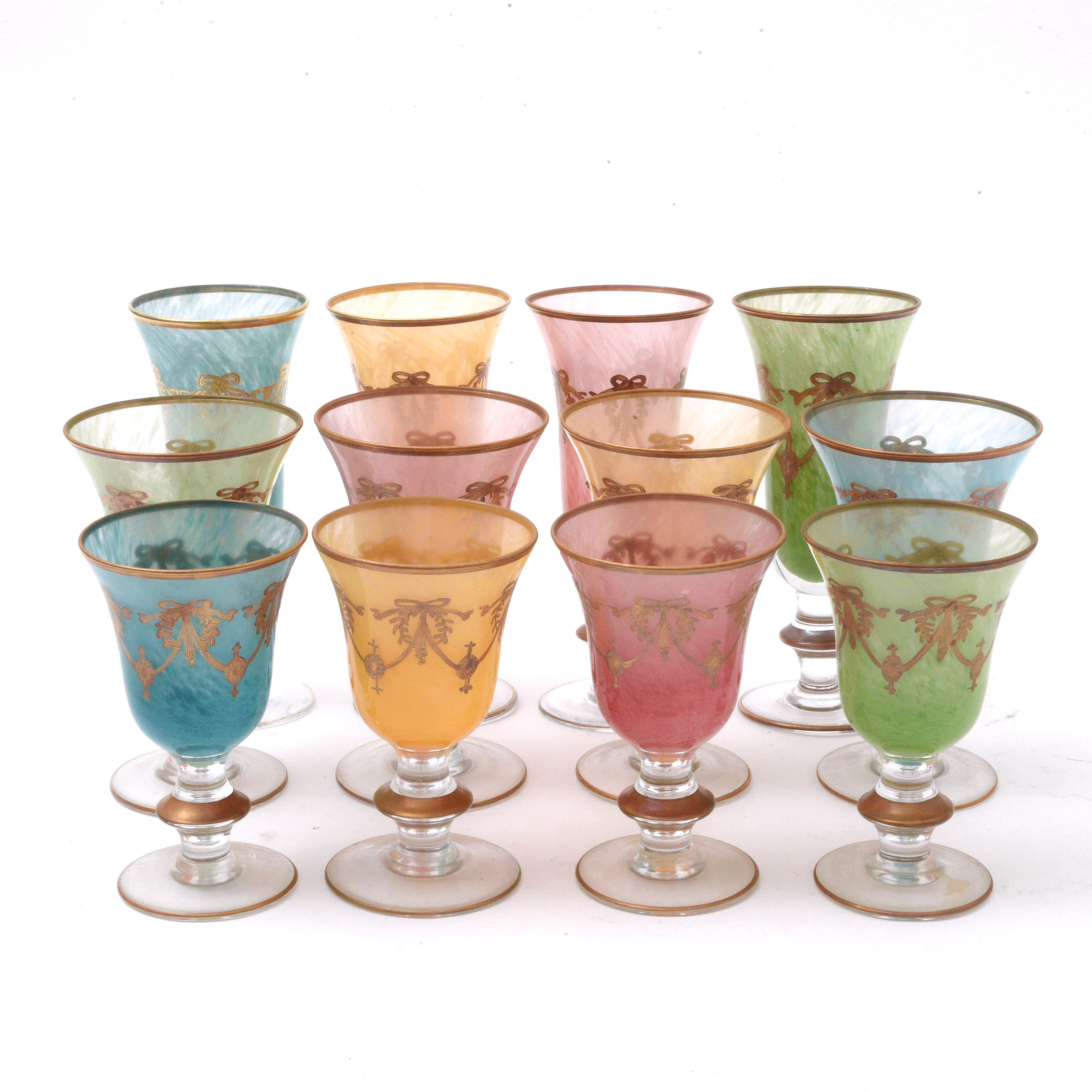 Italian Interglass Blown Glass Gilt Accented Goblets, Late 20th Century