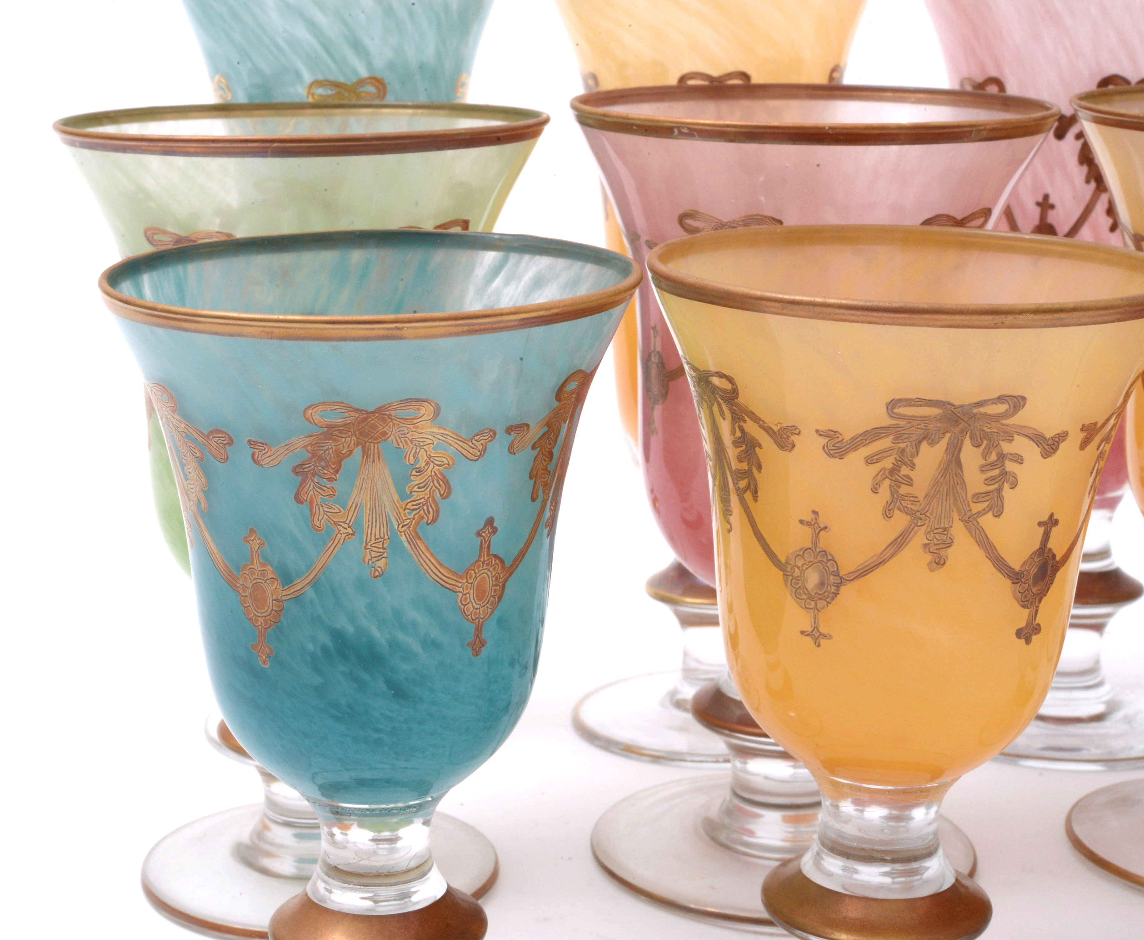 Italian Interglass Blown Glass Gilt Accented Goblets, Late 20th Century