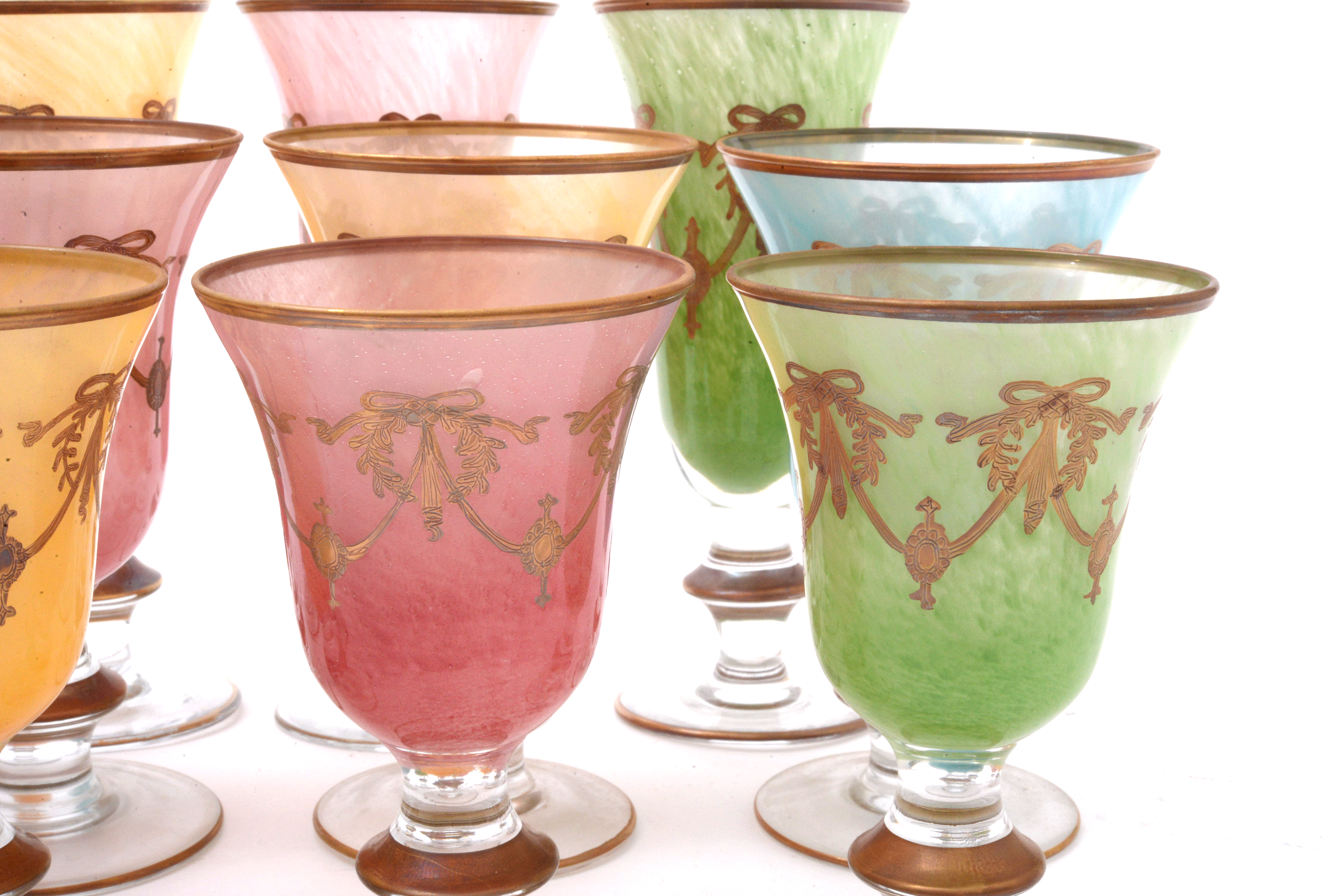 Italian Interglass Blown Glass Gilt Accented Goblets, Late 20th Century