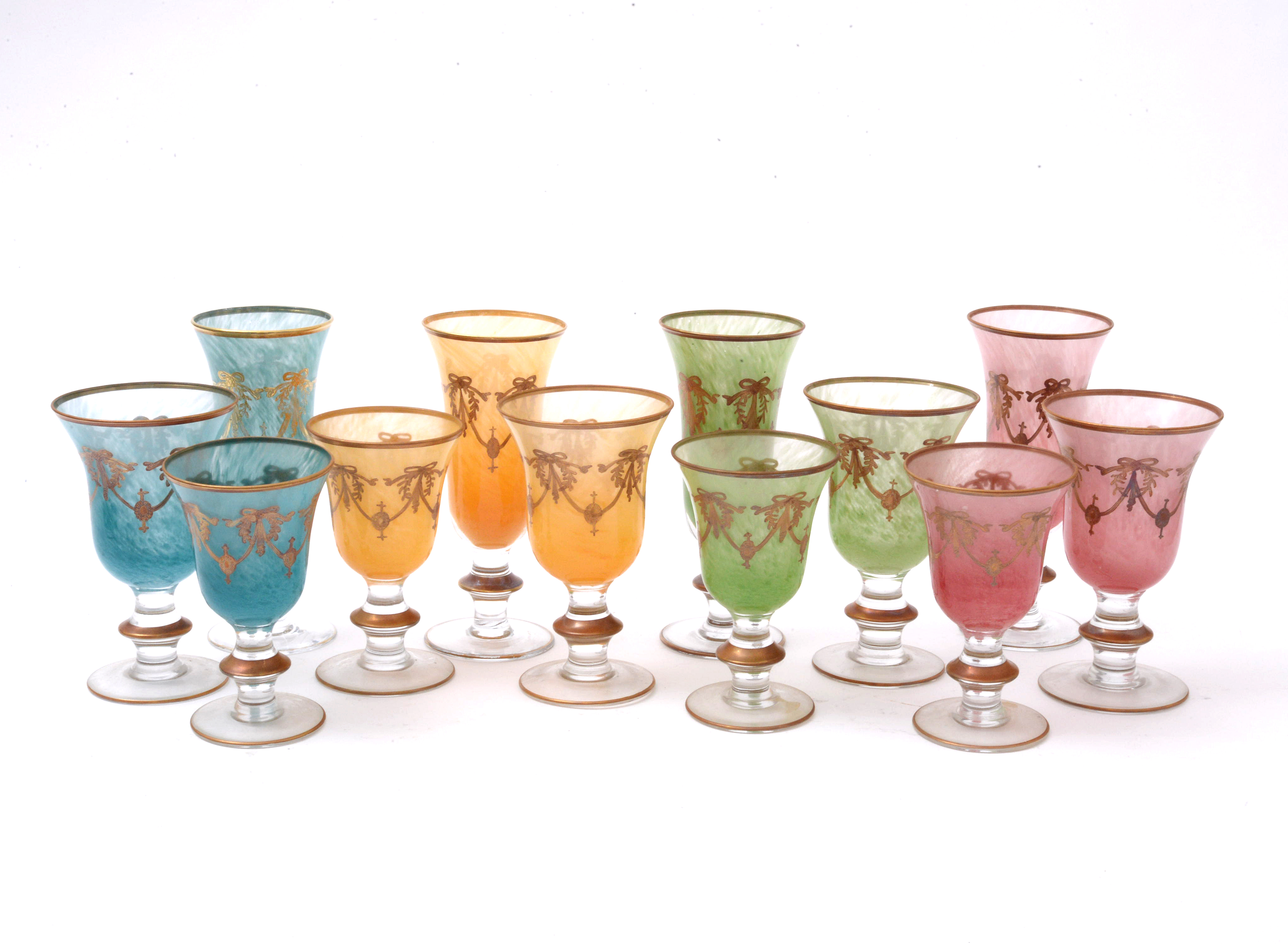 Italian Interglass Blown Glass Gilt Accented Goblets, Late 20th Century