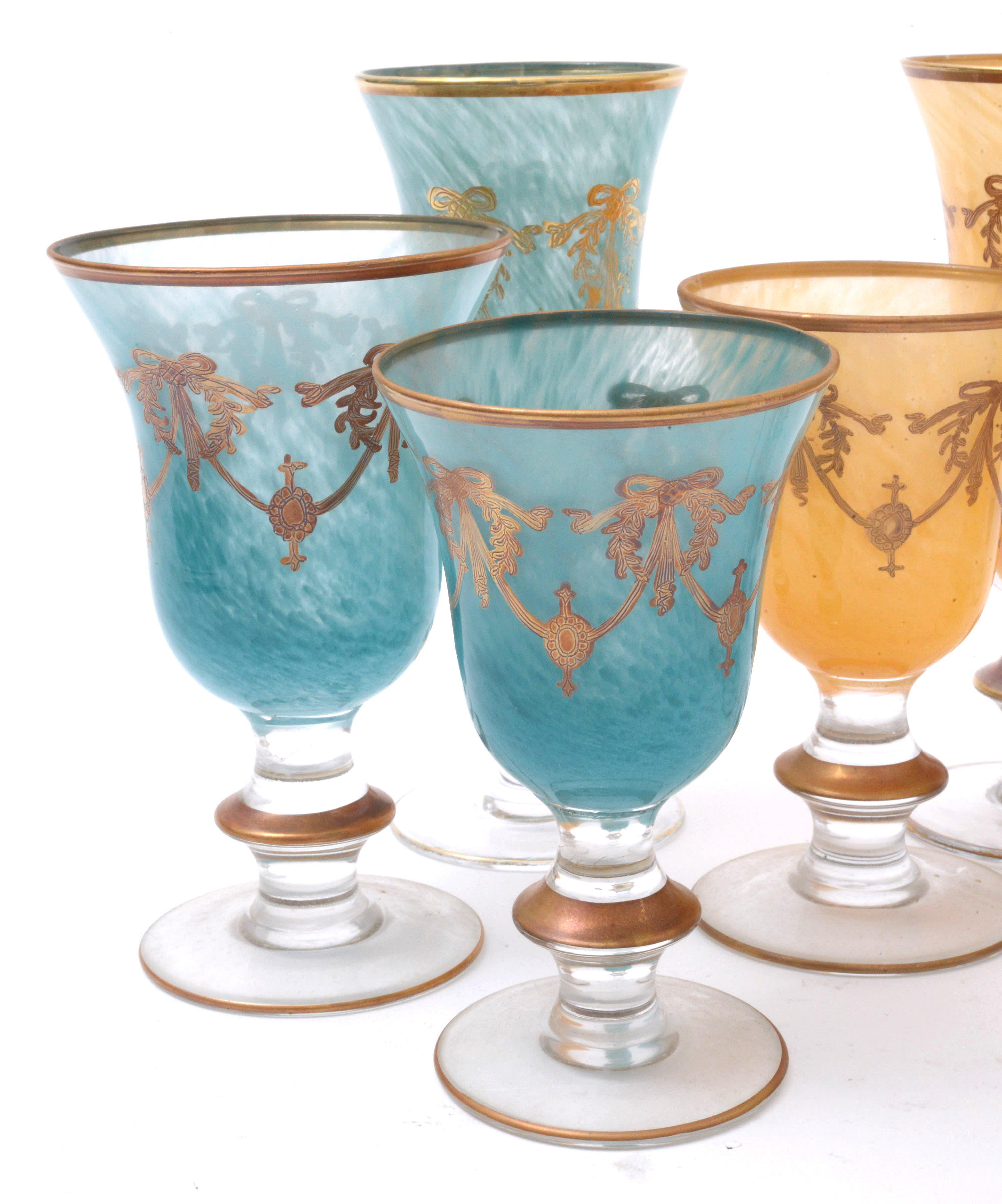 Italian Interglass Blown Glass Gilt Accented Goblets, Late 20th Century