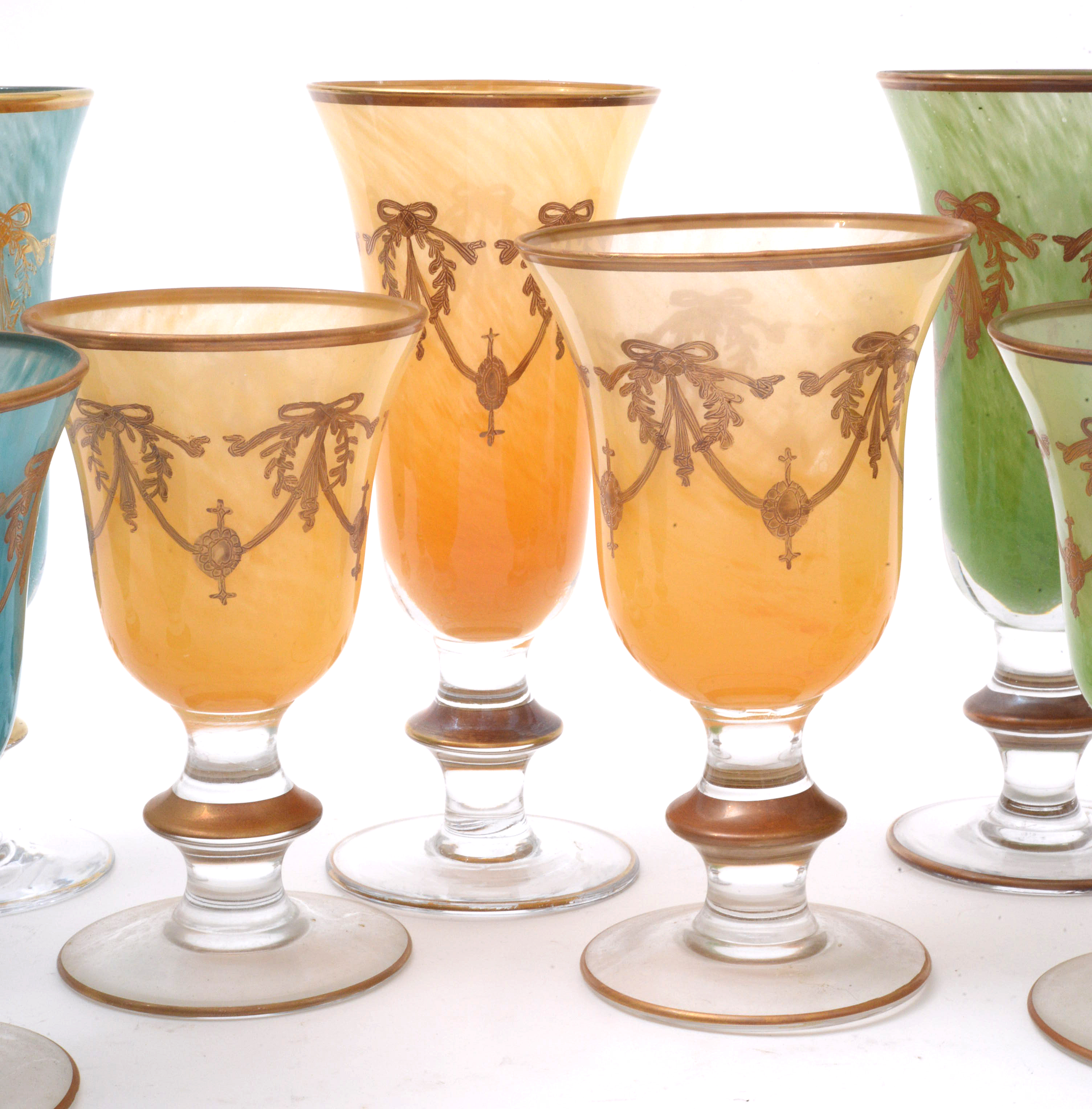 Italian Interglass Blown Glass Gilt Accented Goblets, Late 20th Century