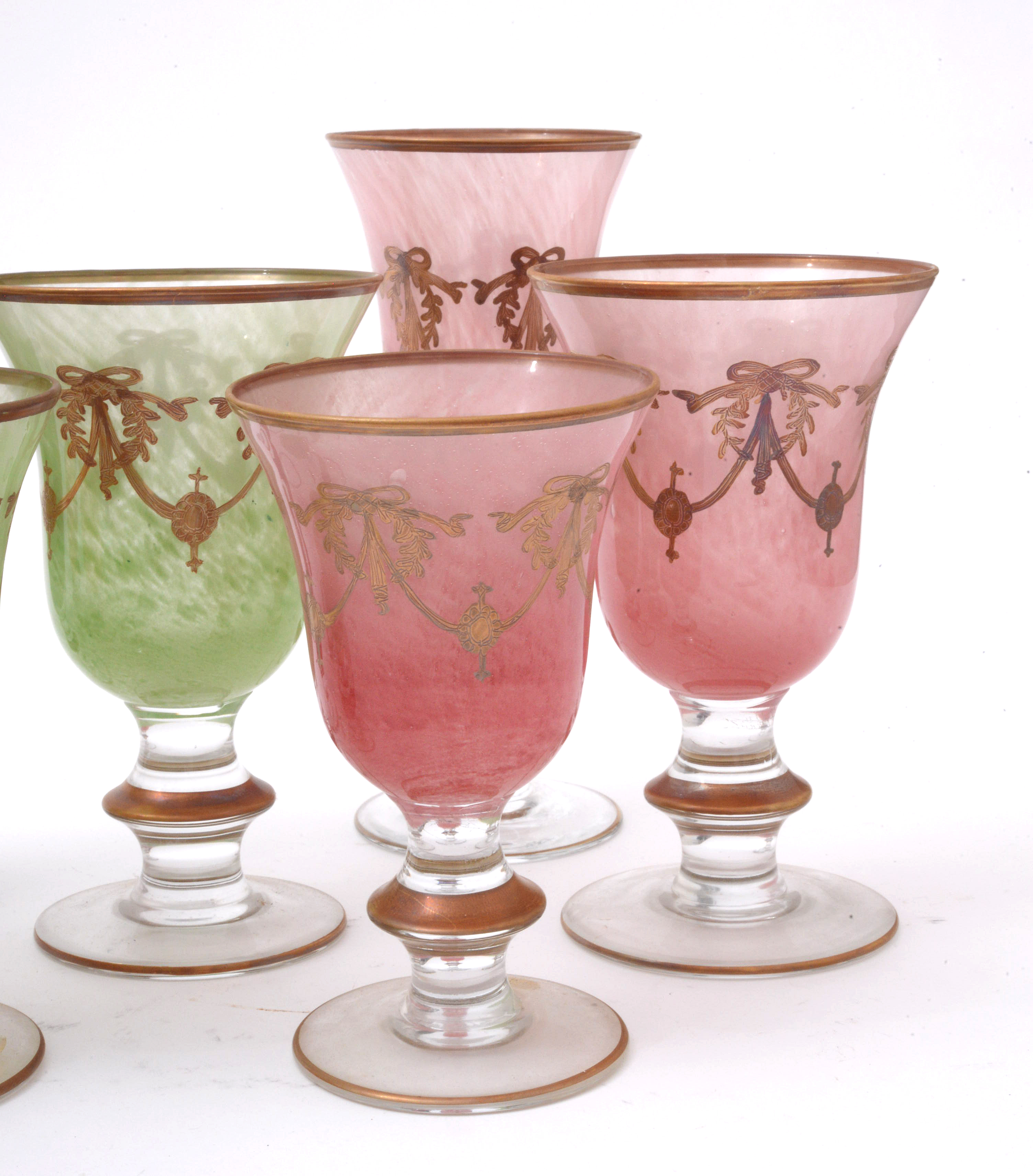 Italian Interglass Blown Glass Gilt Accented Goblets, Late 20th Century