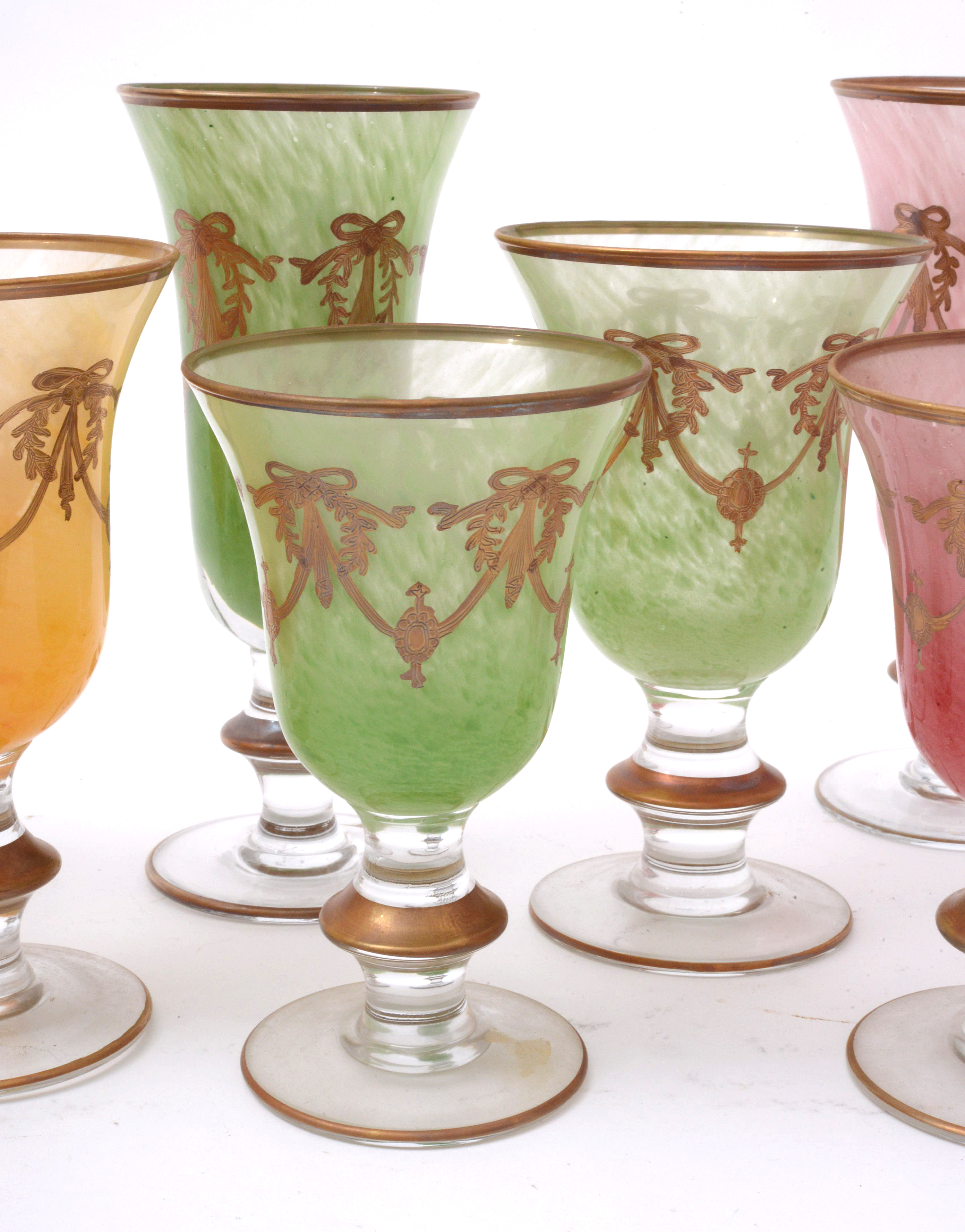 Italian Interglass Blown Glass Gilt Accented Goblets, Late 20th Century