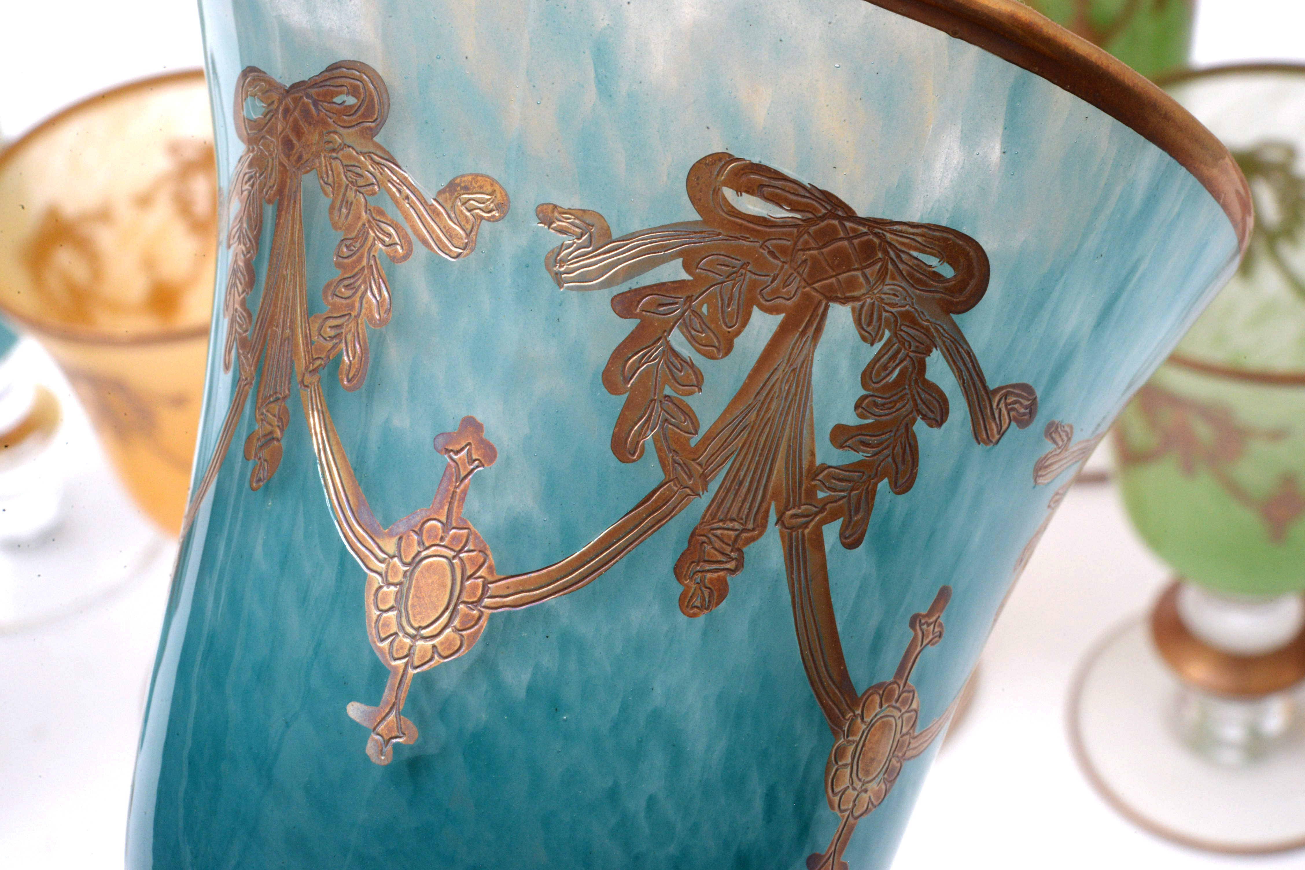 Italian Interglass Blown Glass Gilt Accented Goblets, Late 20th Century