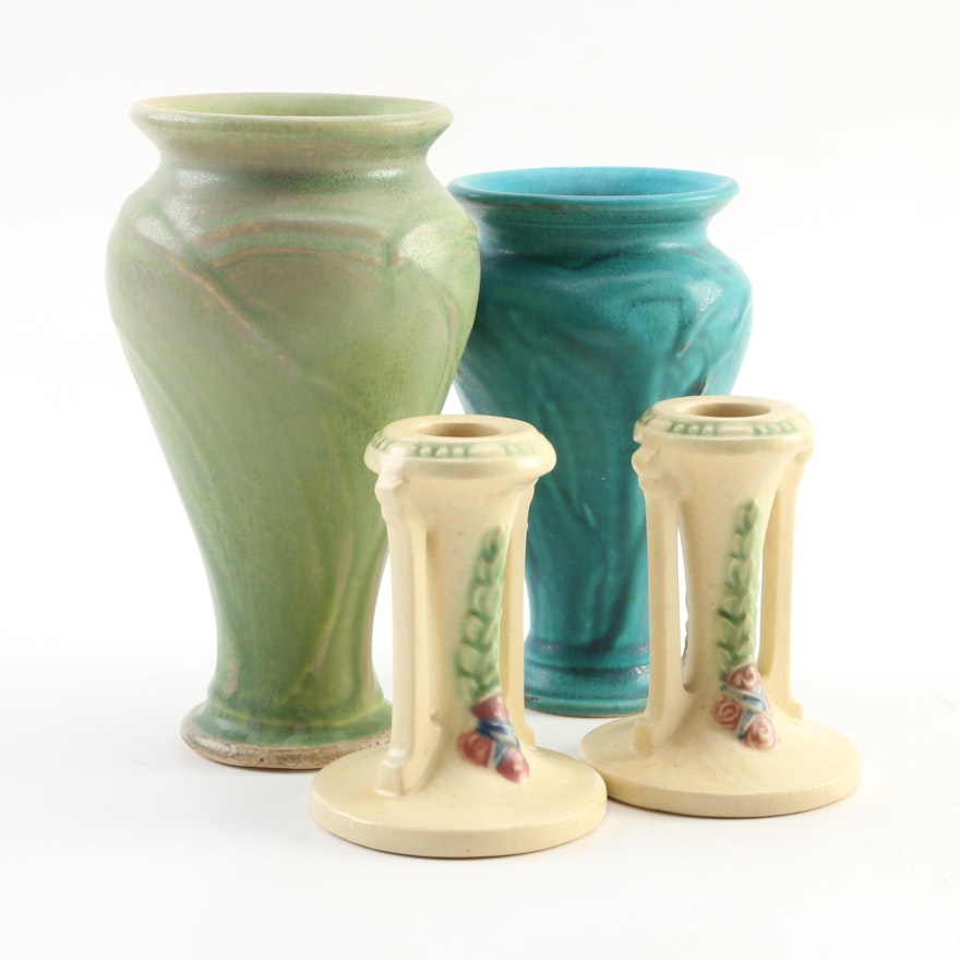 Roseville Art Pottery Ceramic Candlesticks and Pewabic Pottery Vases