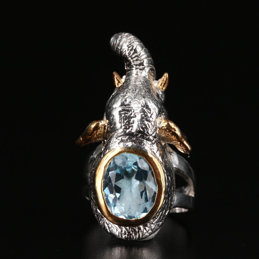 Sterling Silver Topaz and Sapphire Elephant Ring