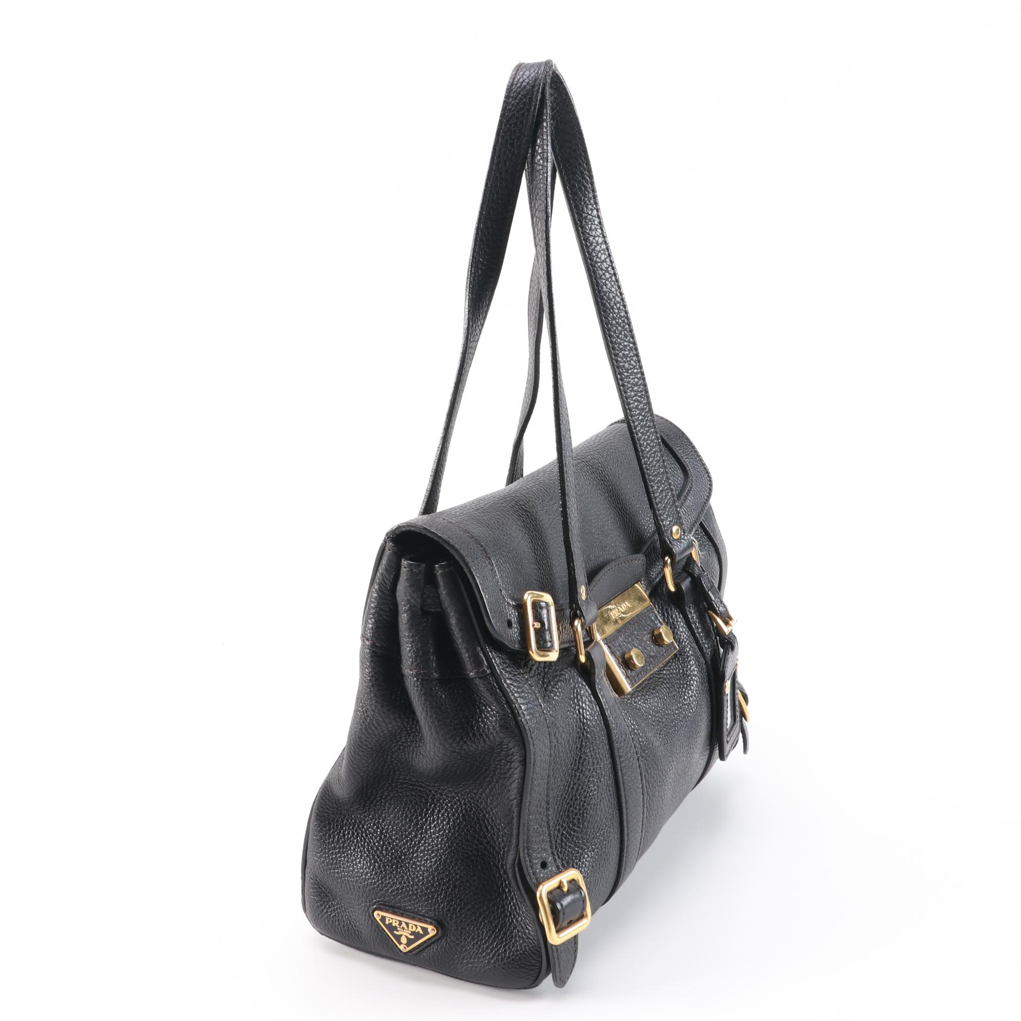 Prada Black Vitello Daino Leather Shoulder Bag with Buckle Strap Trim Accents