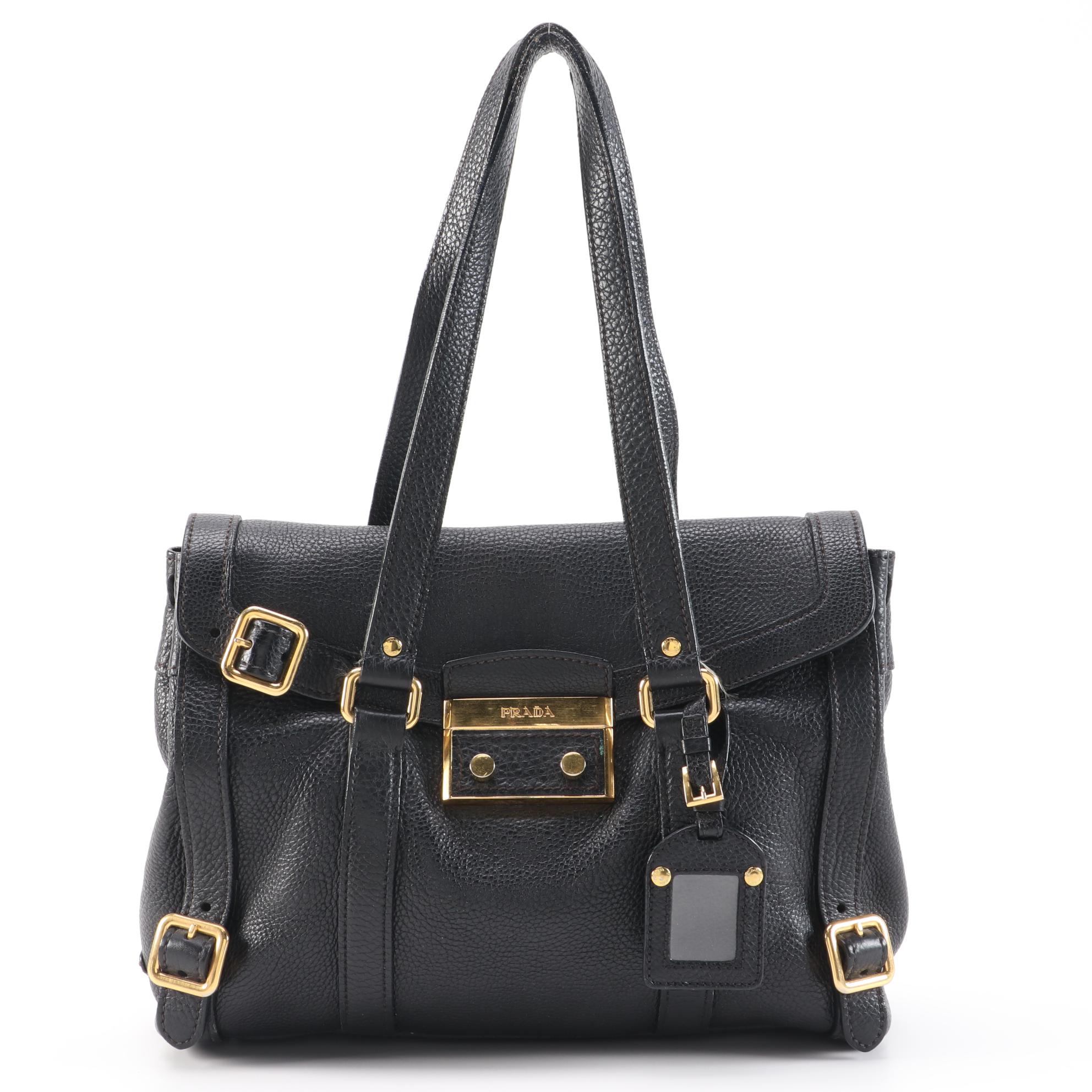 Prada Black Vitello Daino Leather Shoulder Bag with Buckle Strap Trim Accents