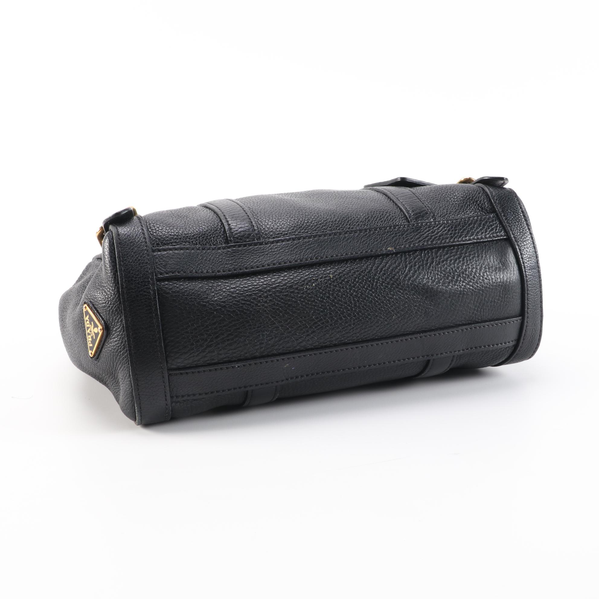 Prada Black Vitello Daino Leather Shoulder Bag with Buckle Strap Trim Accents