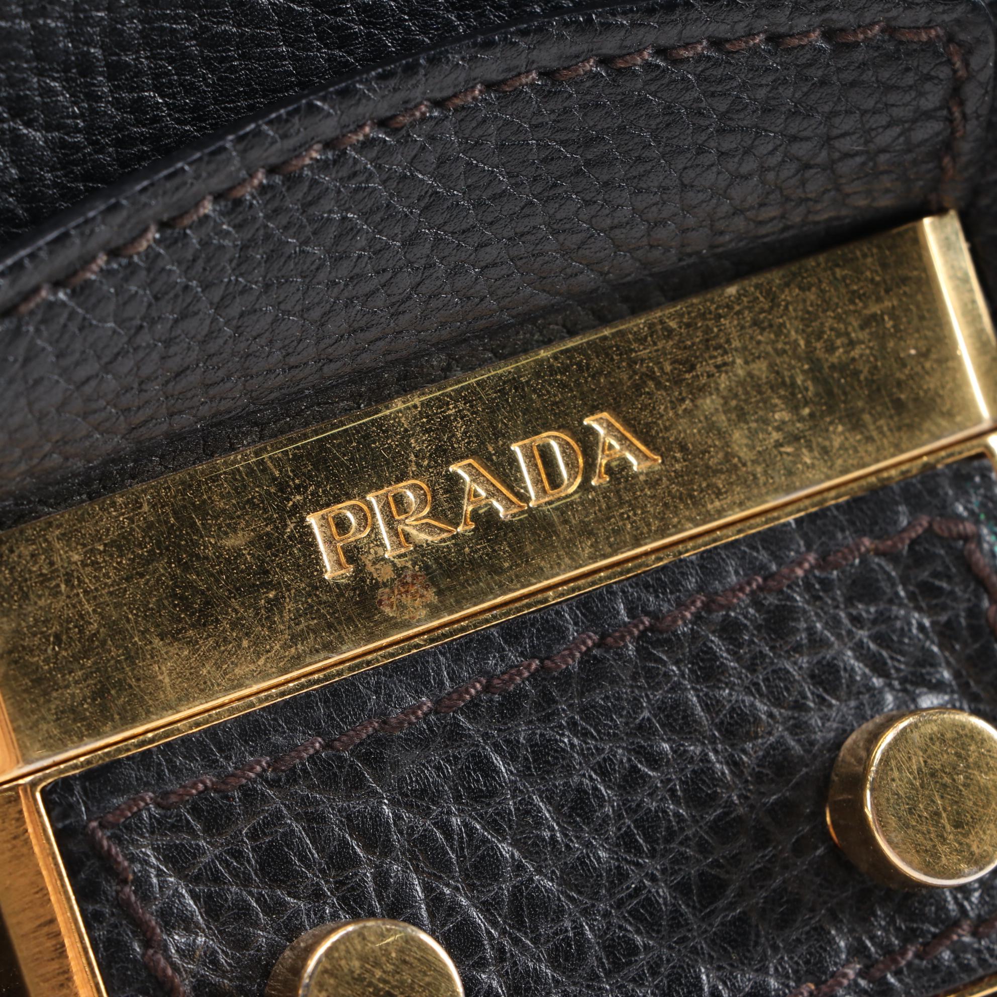 Prada Black Vitello Daino Leather Shoulder Bag with Buckle Strap Trim Accents
