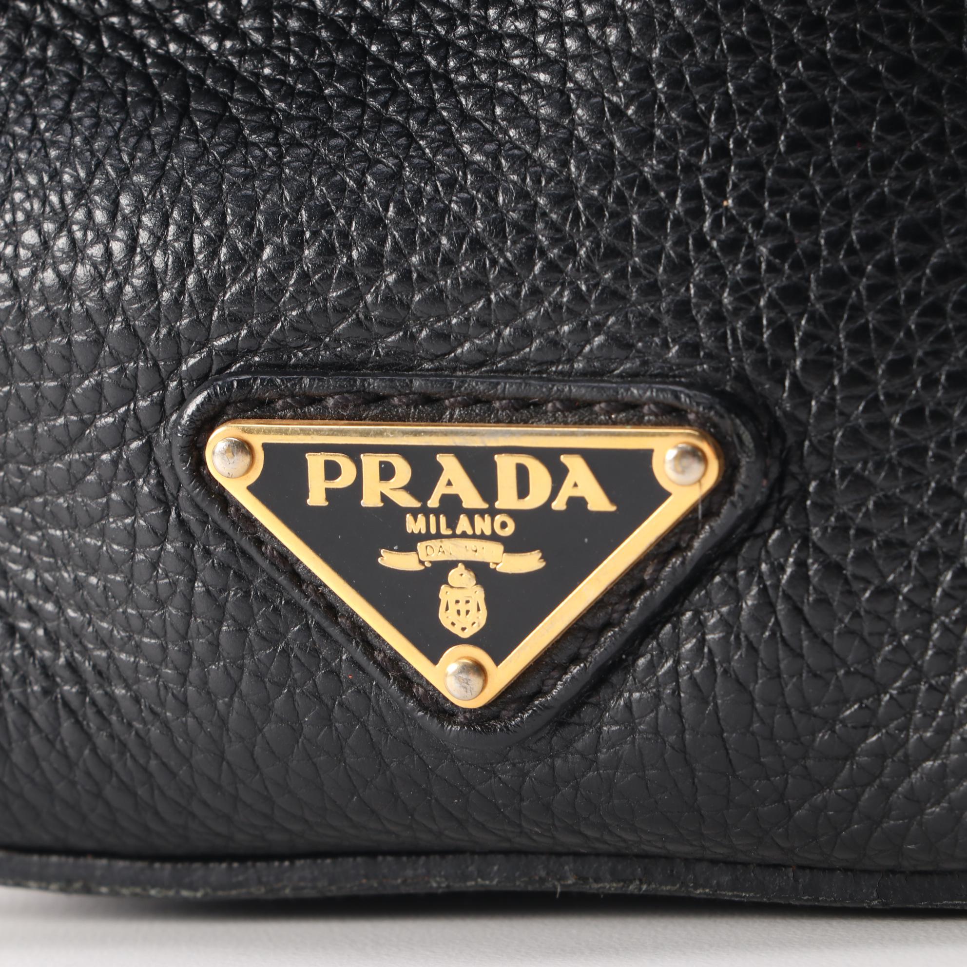 Prada Black Vitello Daino Leather Shoulder Bag with Buckle Strap Trim Accents