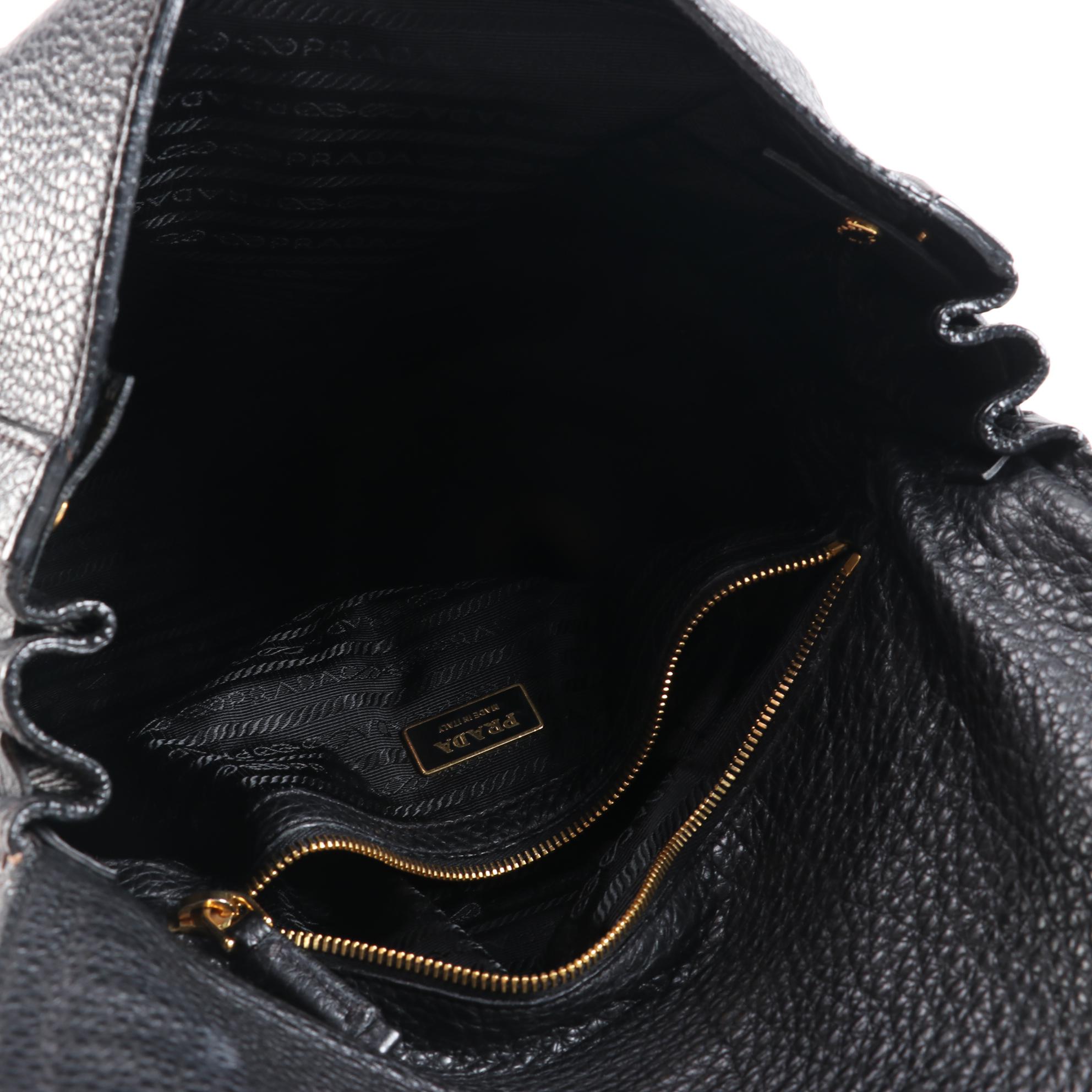 Prada Black Vitello Daino Leather Shoulder Bag with Buckle Strap Trim Accents