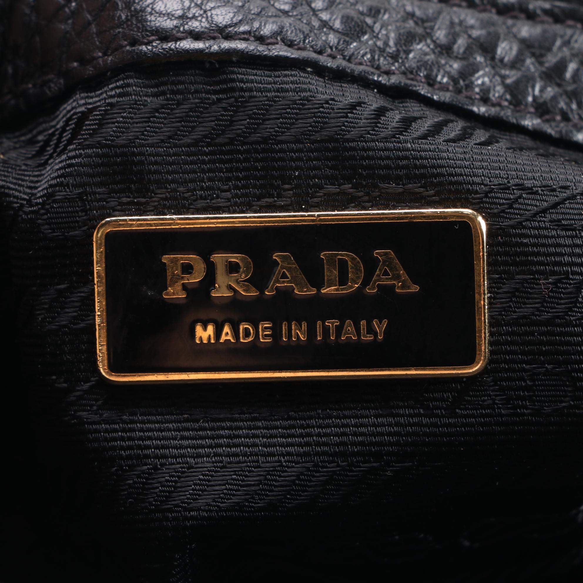Prada Black Vitello Daino Leather Shoulder Bag with Buckle Strap Trim Accents