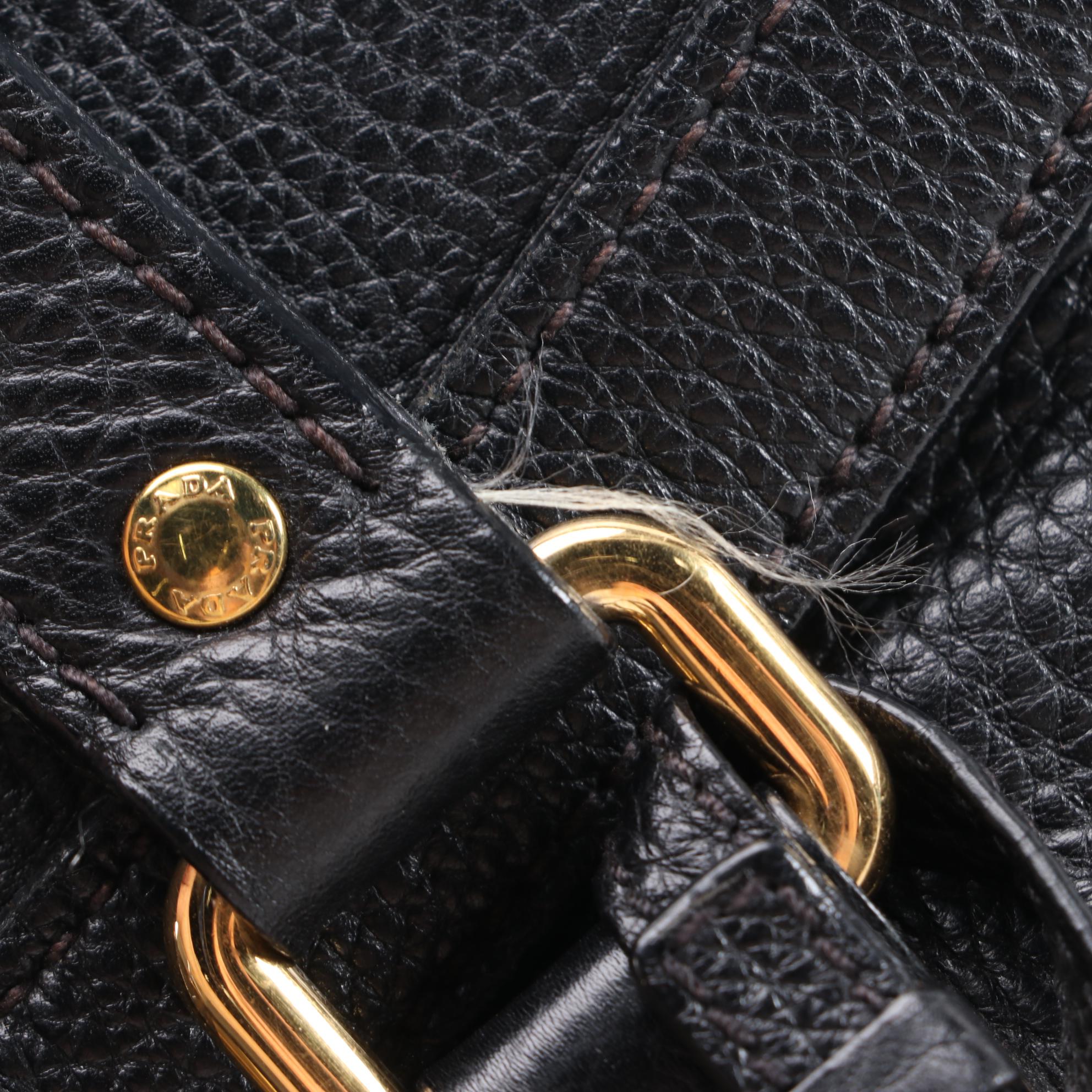 Prada Black Vitello Daino Leather Shoulder Bag with Buckle Strap Trim Accents