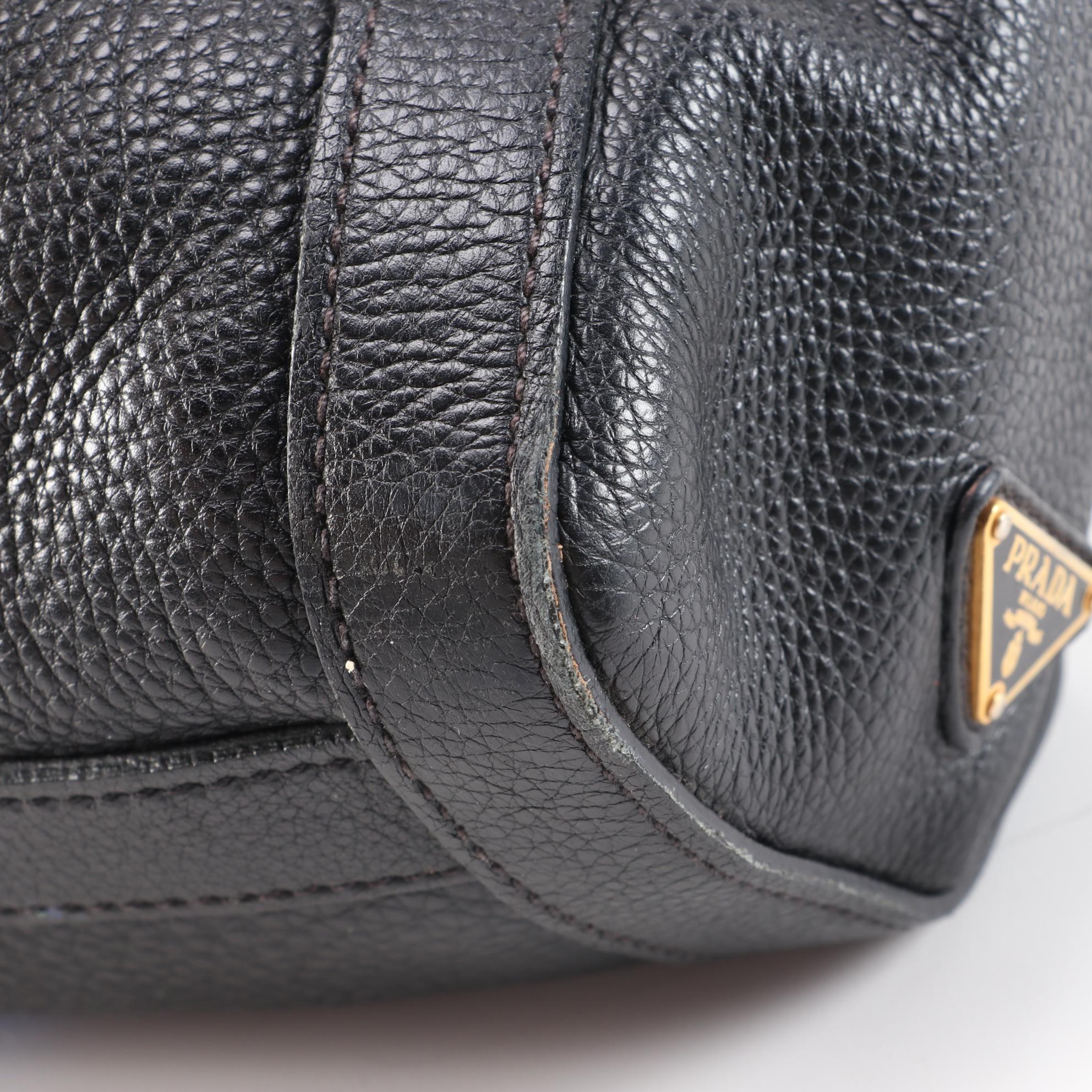 Prada Black Vitello Daino Leather Shoulder Bag with Buckle Strap Trim Accents
